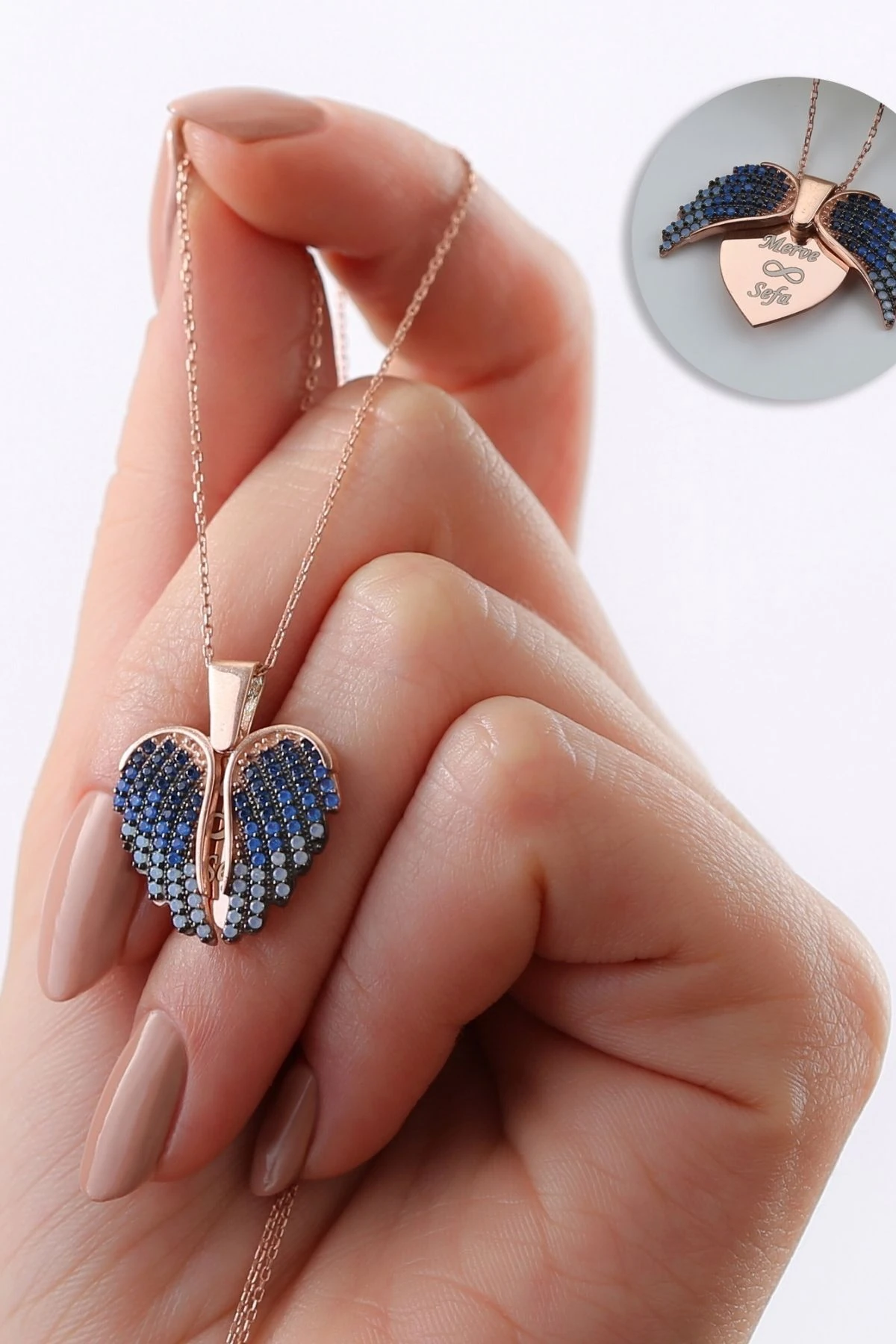 Gümüş Mavi Kanatlı Kalp Kolye