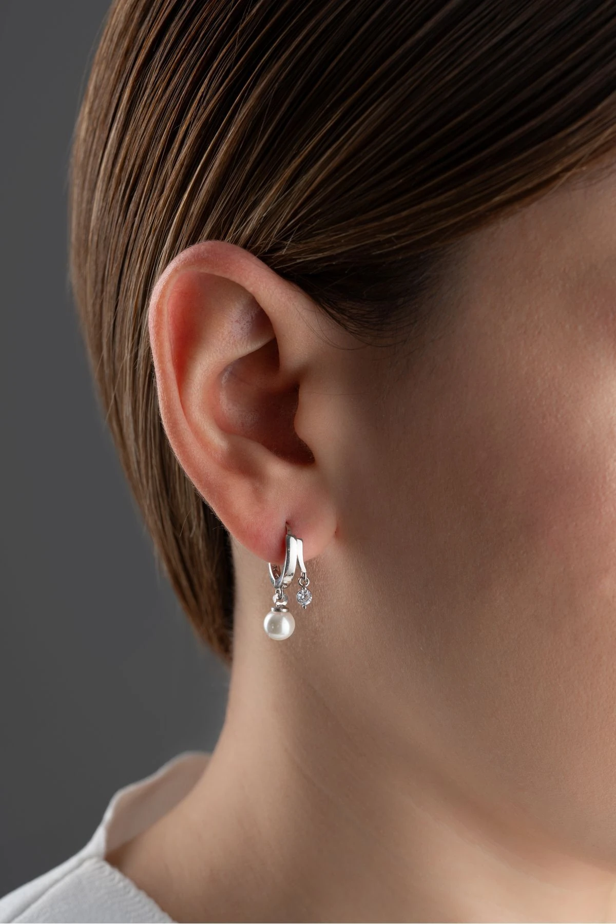 Gümüş Çift Taşlı İnci Küpe