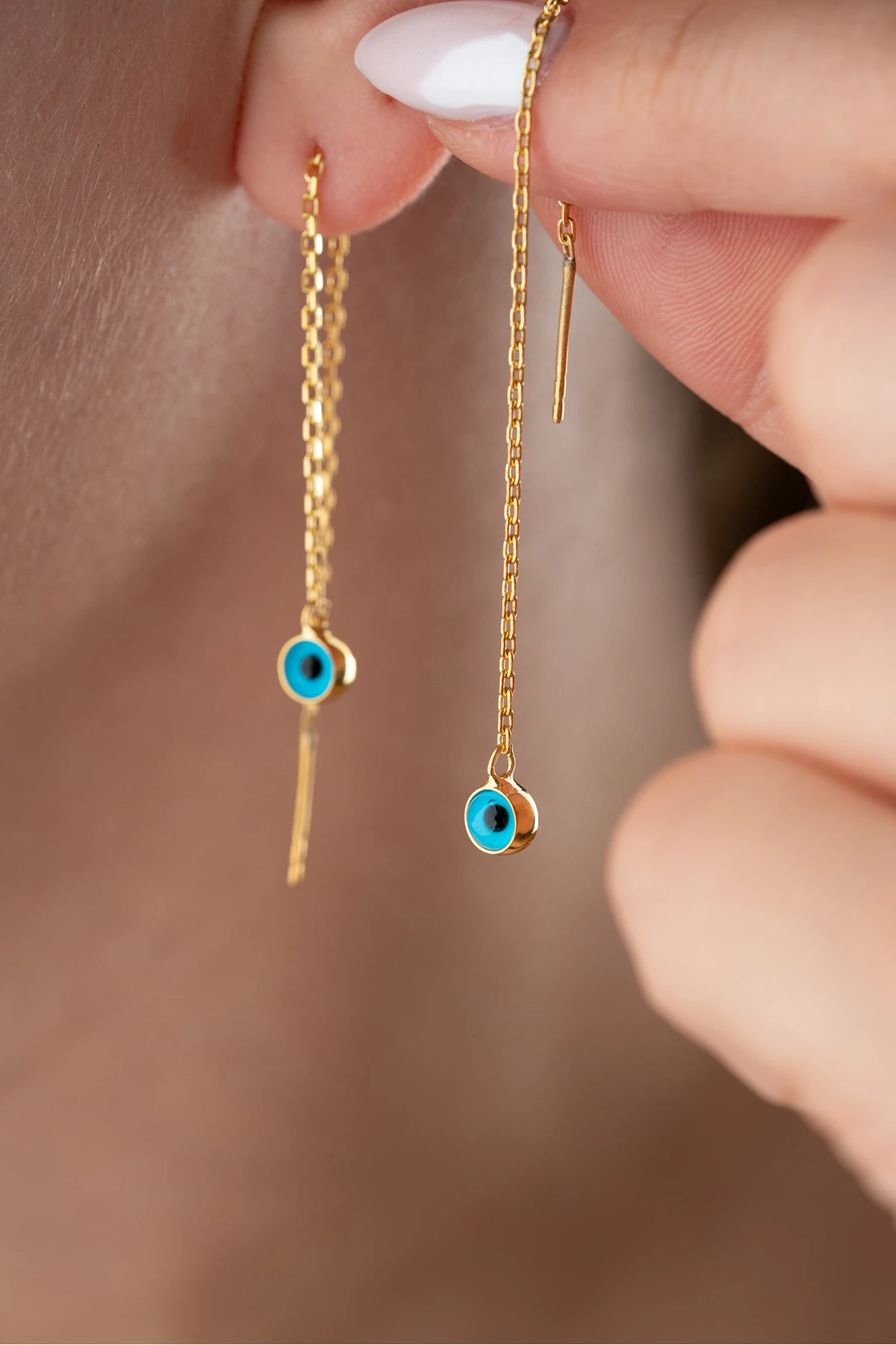 Gümüş Nazarlı Zincir Küpe