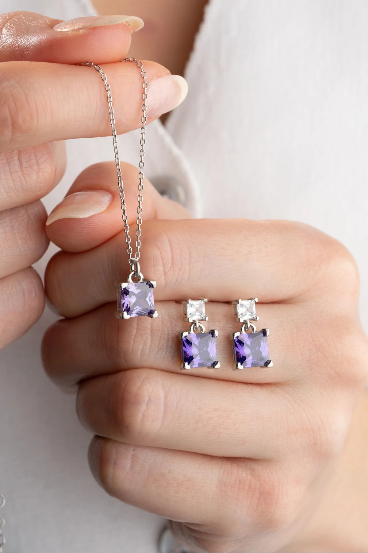 Gümüş Baget Taşlı Kolye Küpe Seti