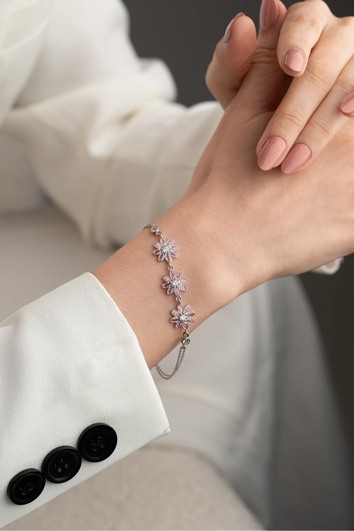 Gümüş Pembe Taşlı 3'lü Lotus Bileklik