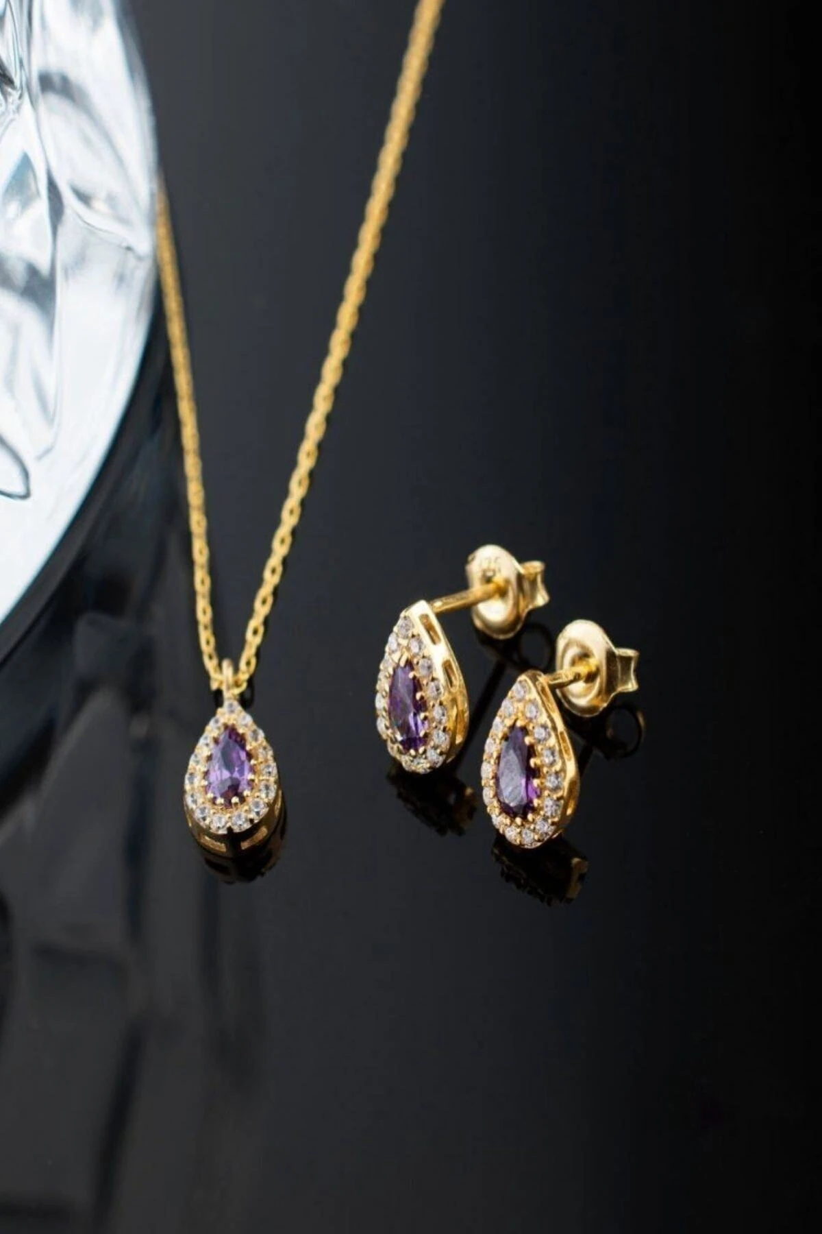 Gümüş Şubat Ayı Doğum Taşı ( Ametist ) Kolye - Küpe Seti