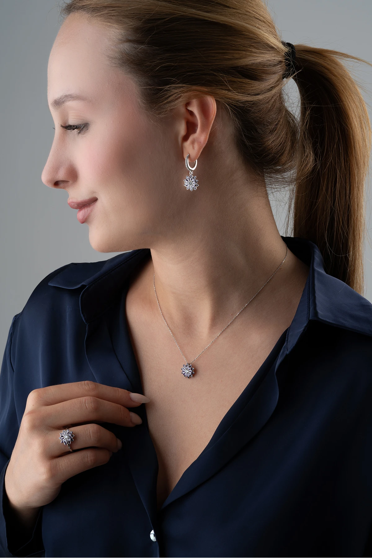 Gümüş Mor Taşlı Lotus Takı (Kolye-Küpe-Yüzük) Seti