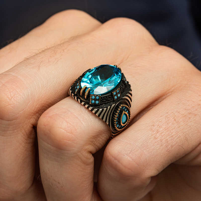 Gümüş Mavi Fasetli Taşlı Erkek Yüzük