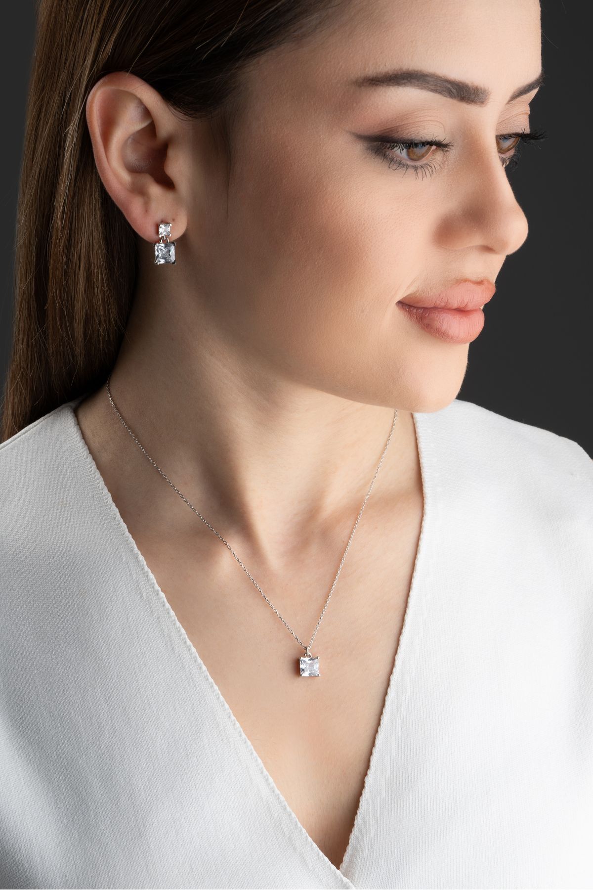 Gümüş Baget Taşlı Kolye Küpe Seti