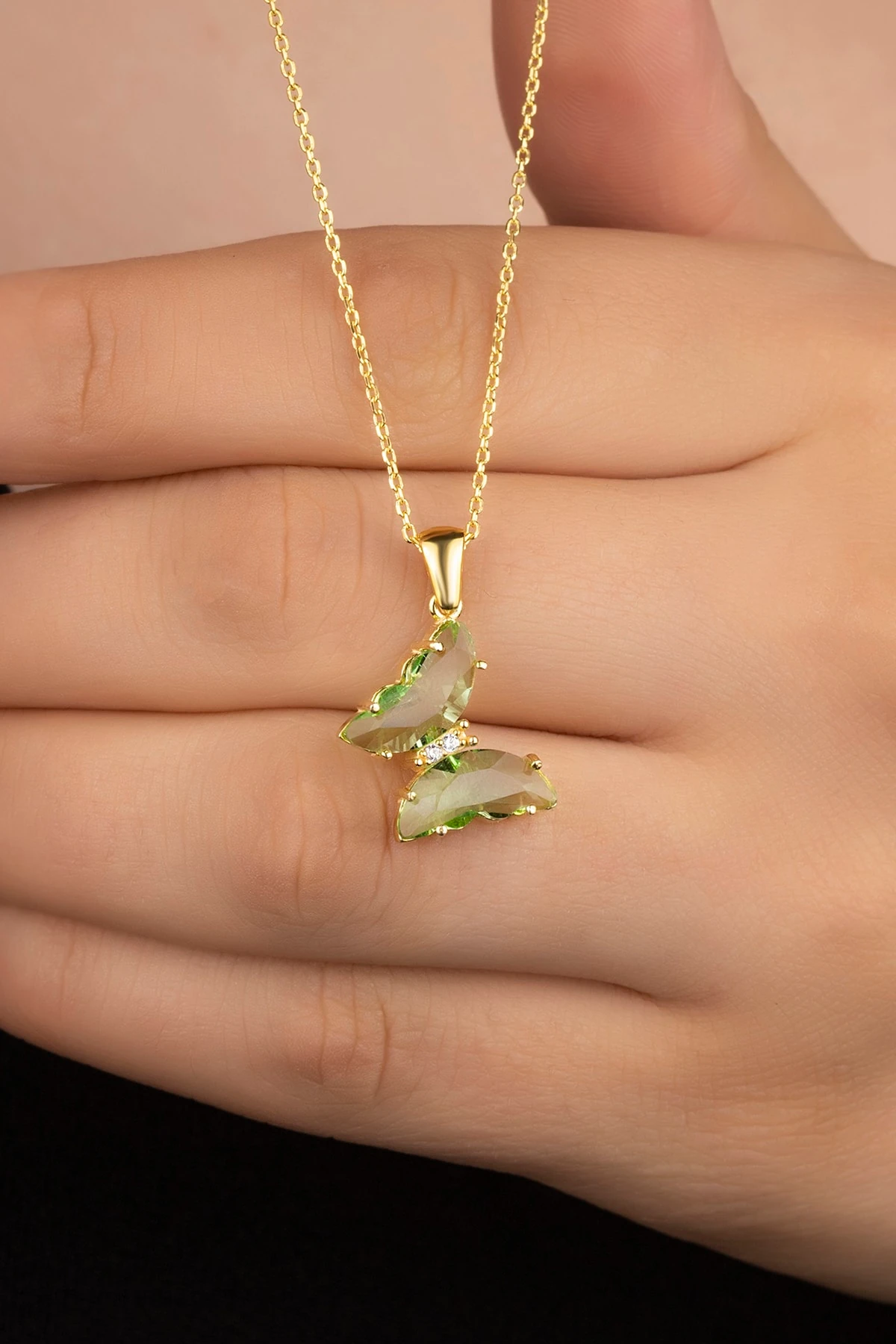 Gümüş Yeşil Cam Kelebek Kolye