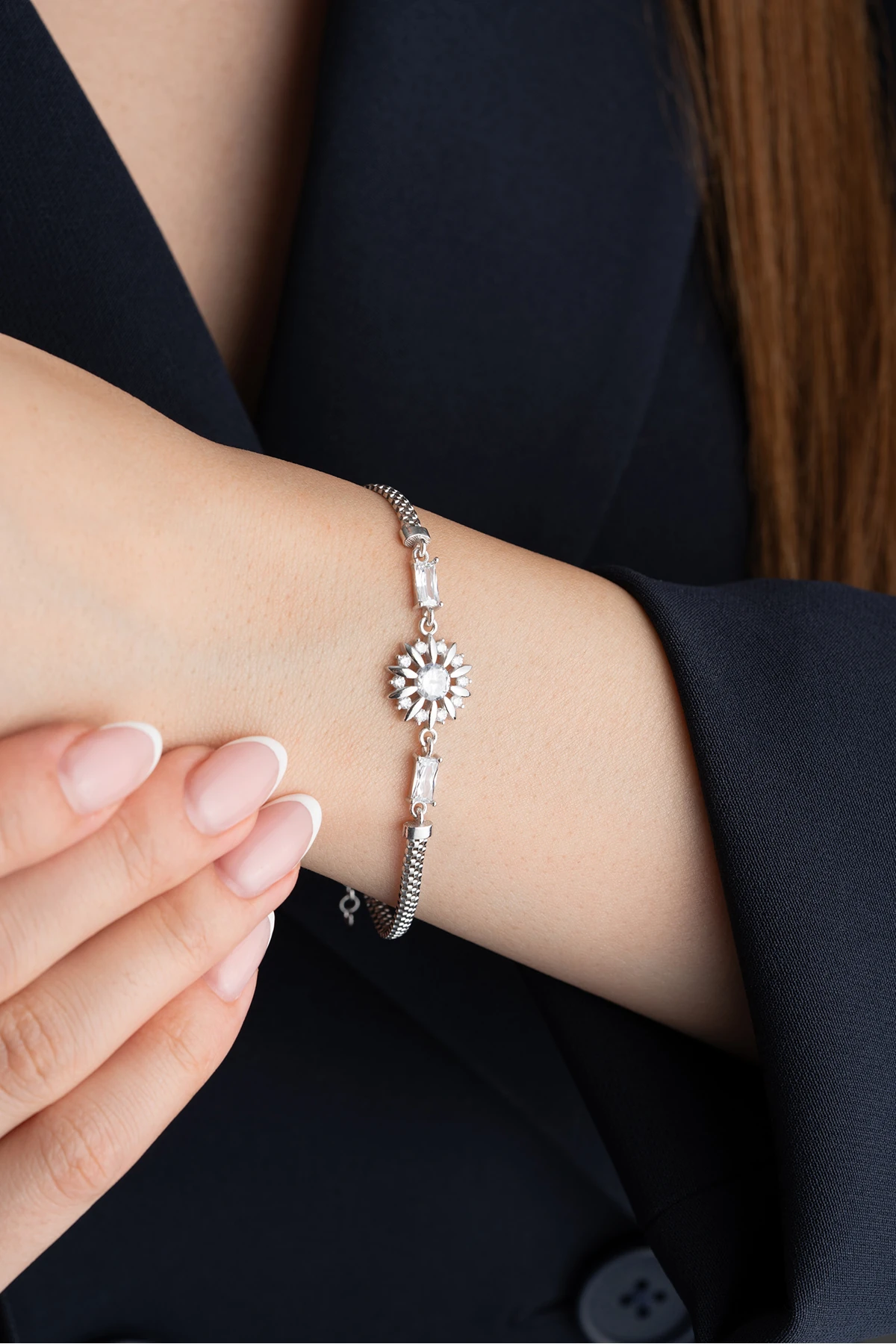 Gümüş Bagetli Çiçek Bileklik
