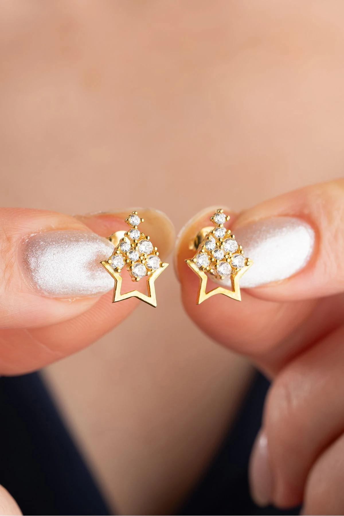 Gümüş Gold Zirkon Taşlı Yıldız Küpe