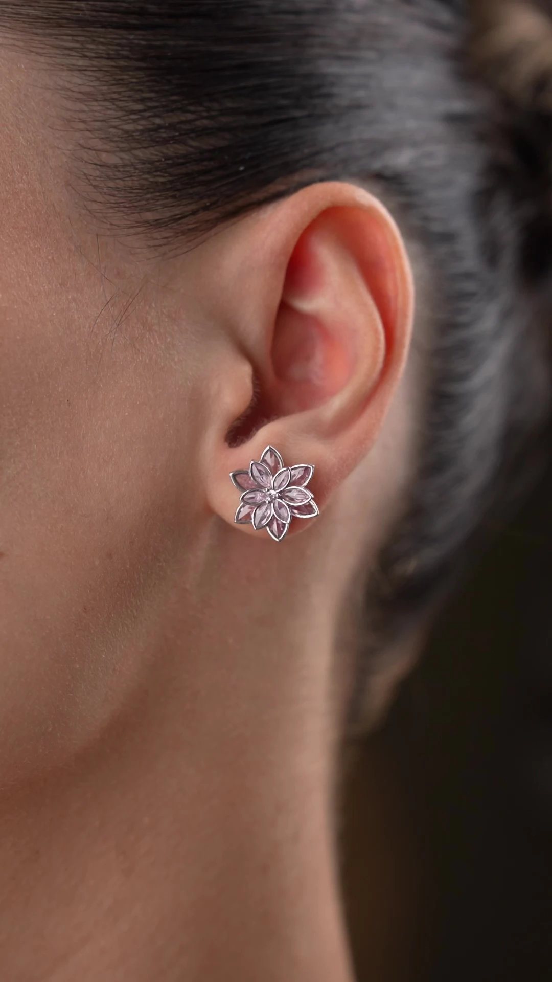 Gümüş Pembe Taşlı Lotus Küpe