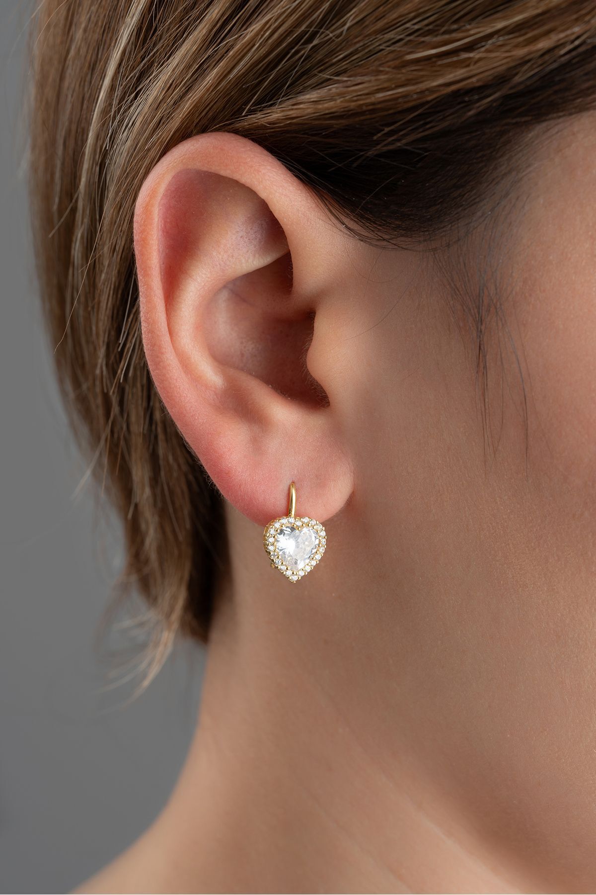 Gümüş Gold Zirkon Taşlı Kalp Küpe