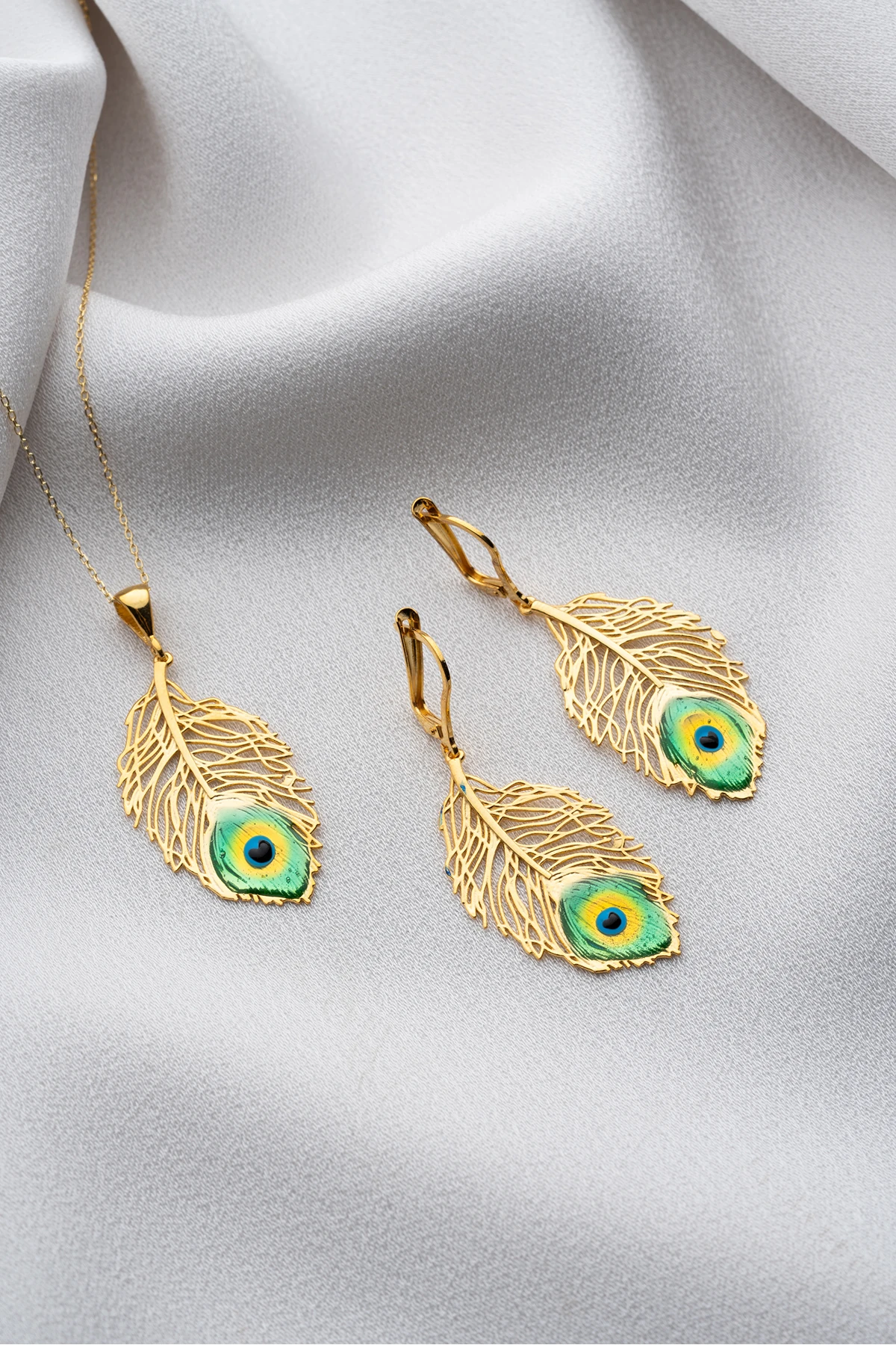 Gümüş Gold Tüy Takı (Kolye-Küpe) Seti