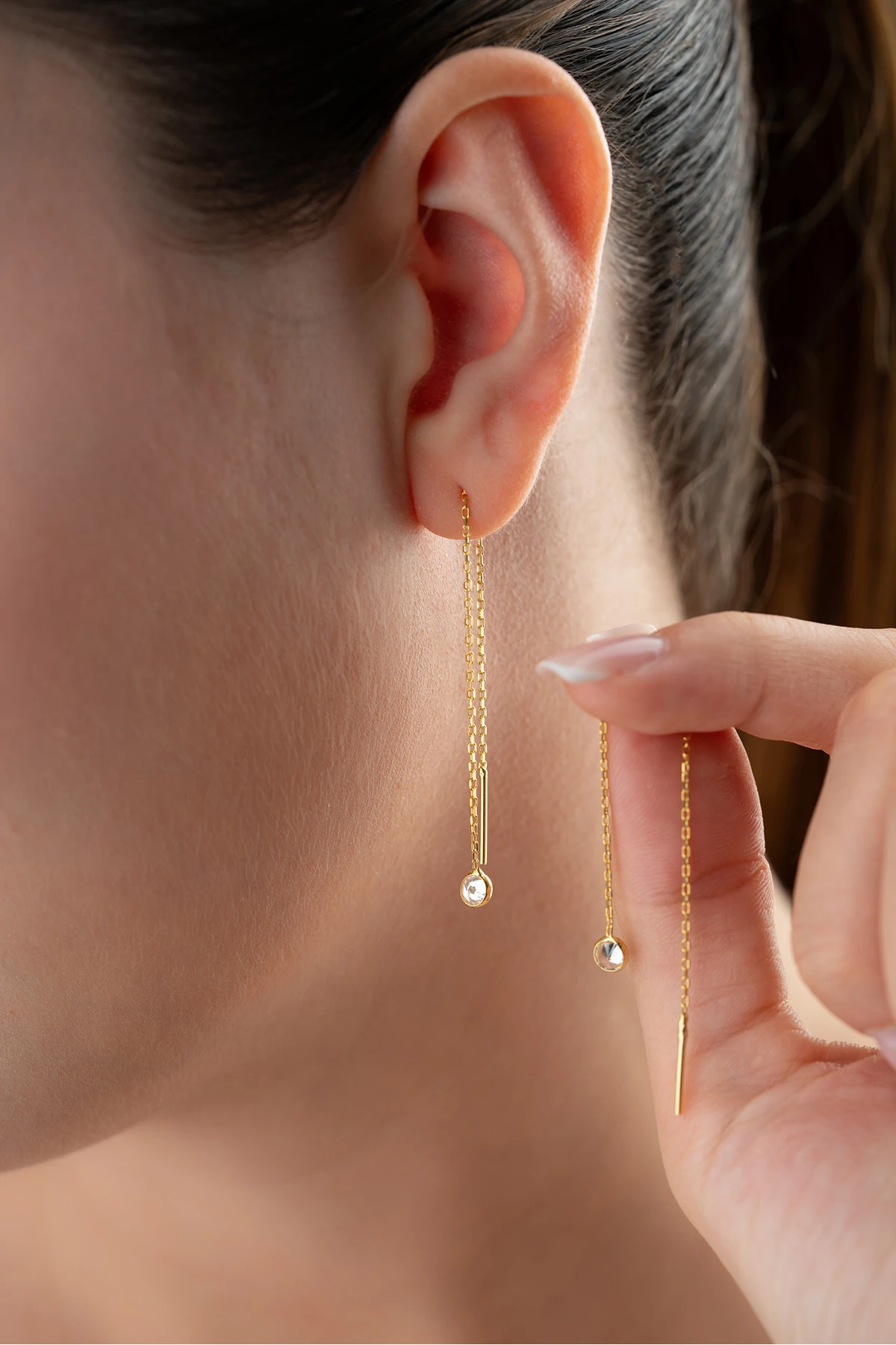 Gümüş Tek Taş Zincir Küpe