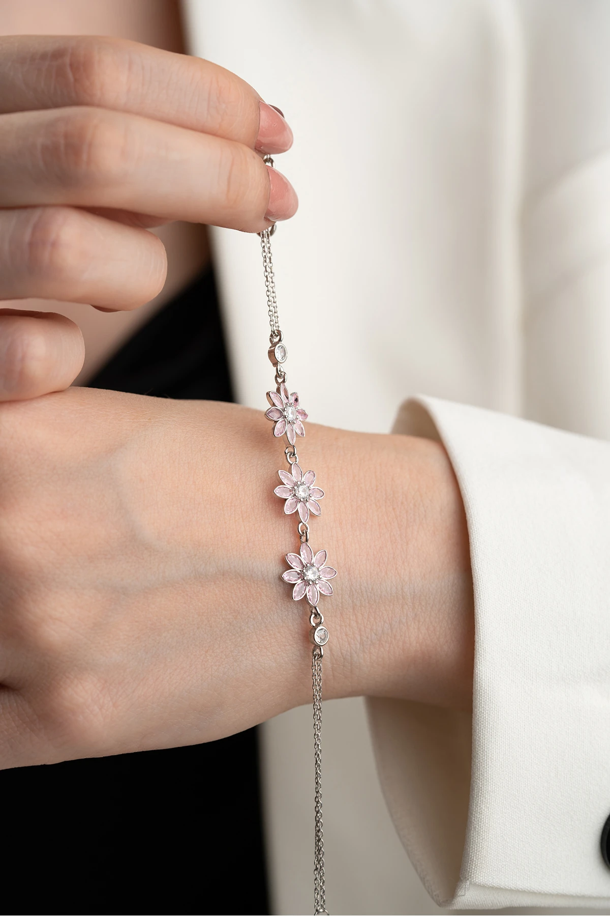 Gümüş Pembe Taşlı 3'lü Lotus Bileklik