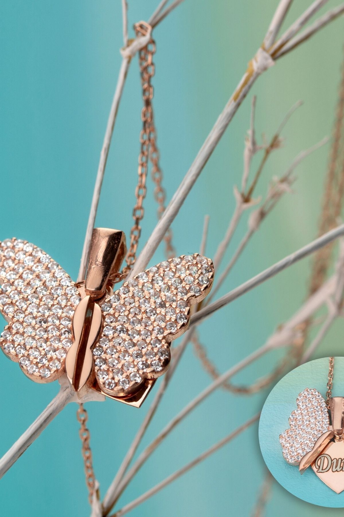 Gümüş Isimli Açılan Kelebek Kolye ( Rose )