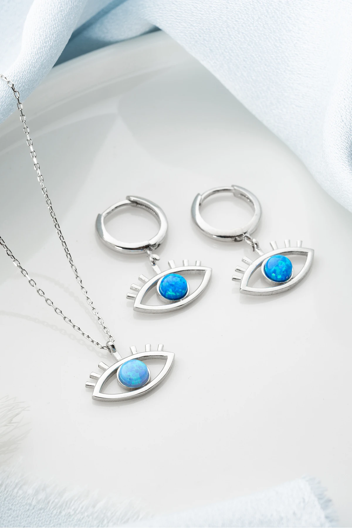 Gümüş Göz Opal Taşlı (Kolye-Küpe) Seti