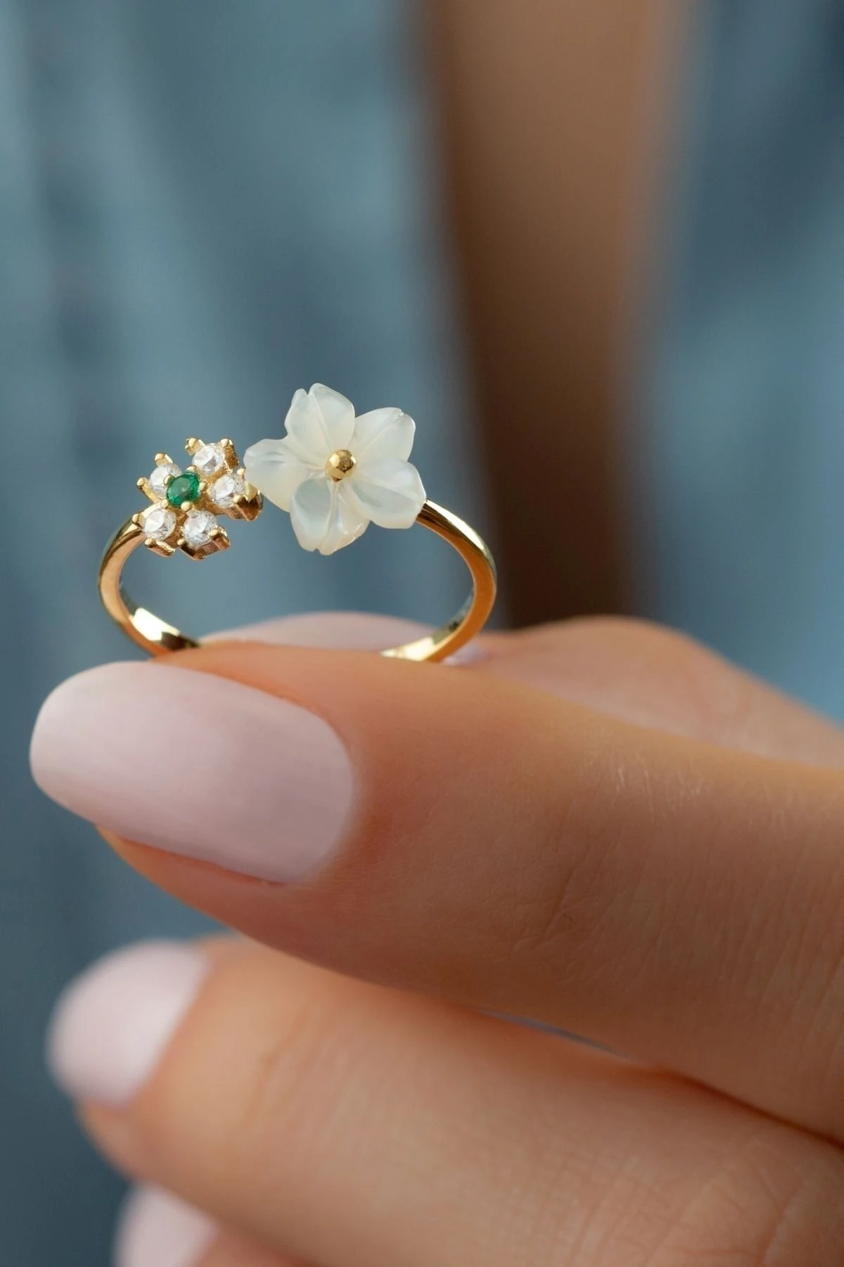 Gümüş Gold Taşlı Yonca Sedef Yüzük