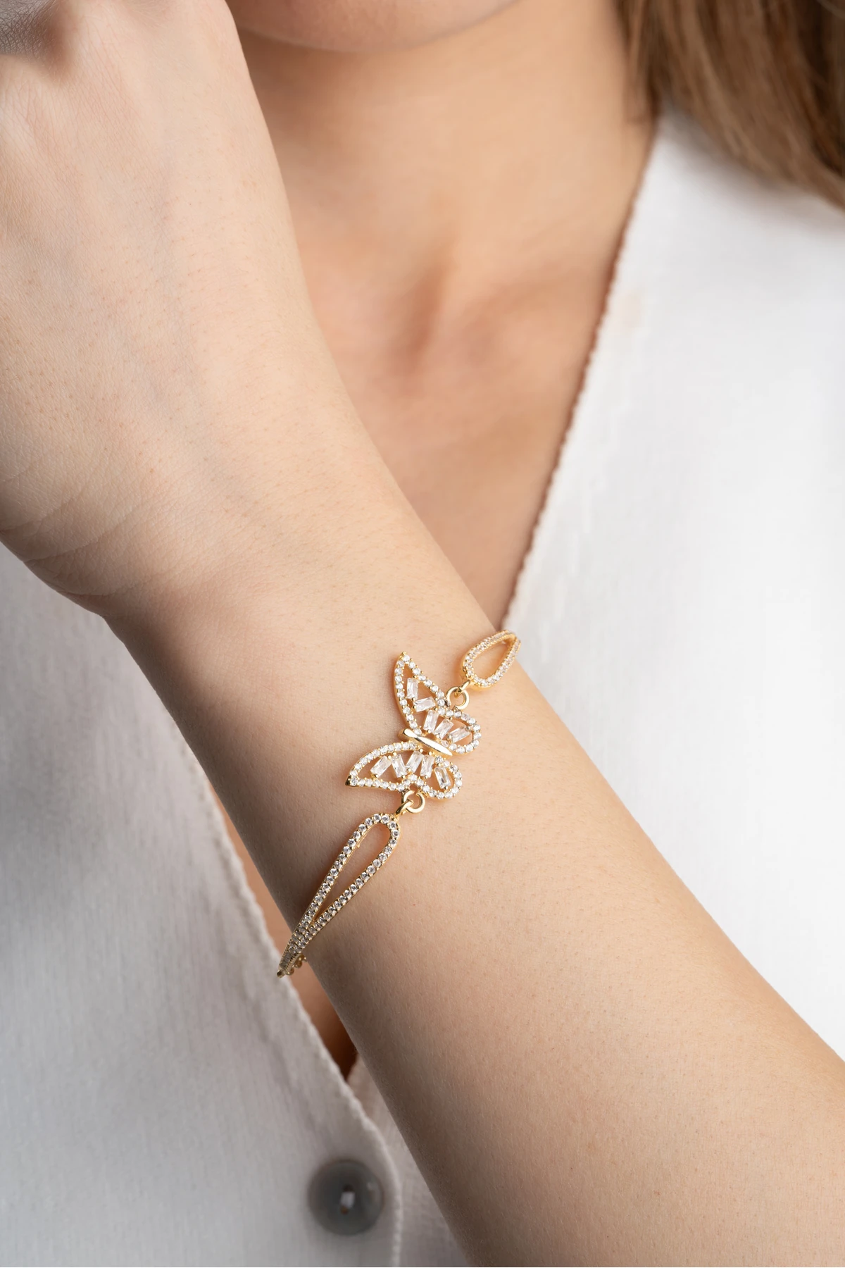 Gümüş Gold Baget Taşlı Kelebek Bileklik