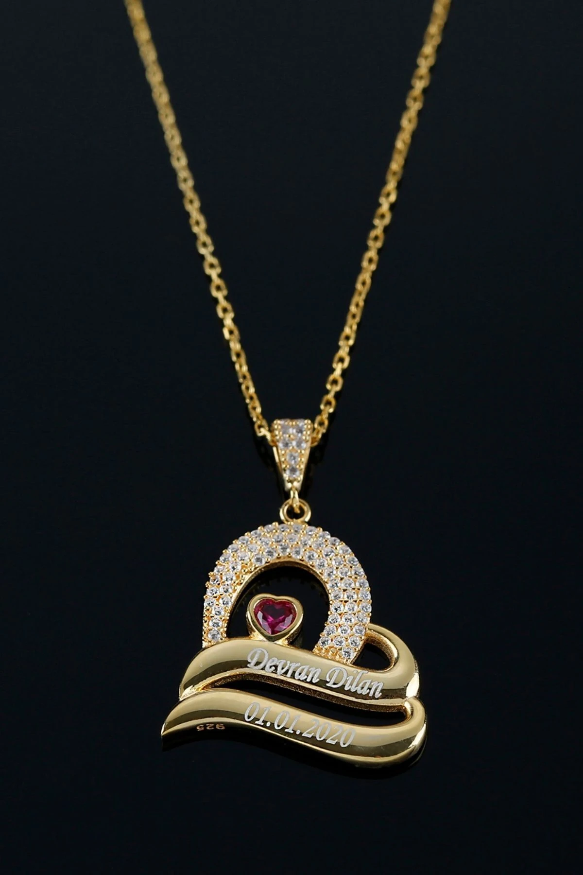 Gümüş Isimli Çift Şeritli Kalp Kolye