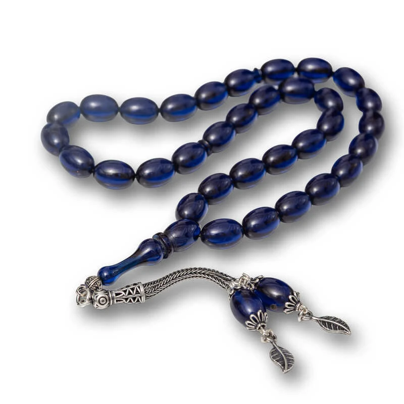 Gümüş Püsküllü Lacivert Sıkma Kehribar Tesbih