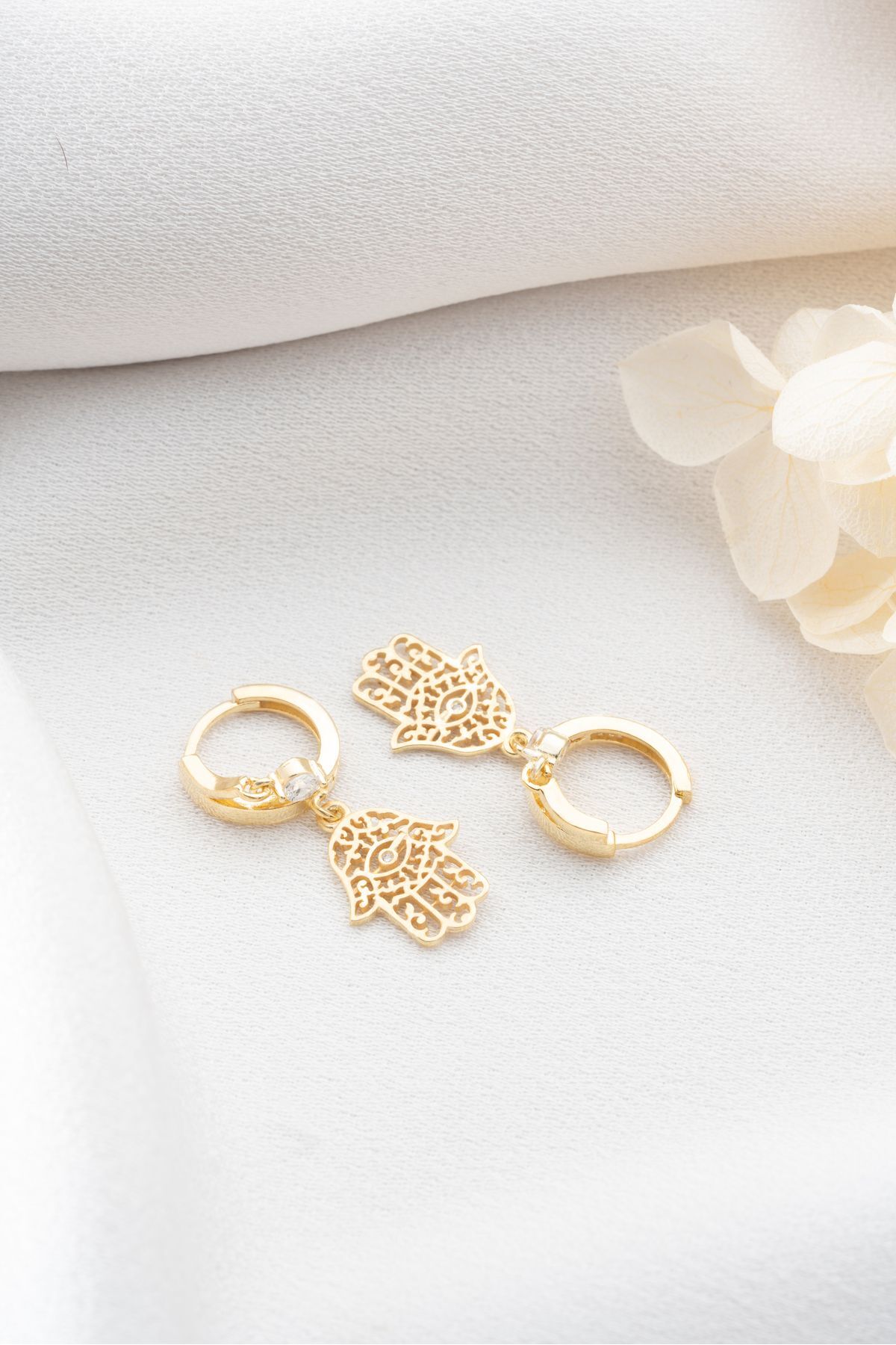 Gümüş Çift Taşlı Fatma Ana Eli Küpe