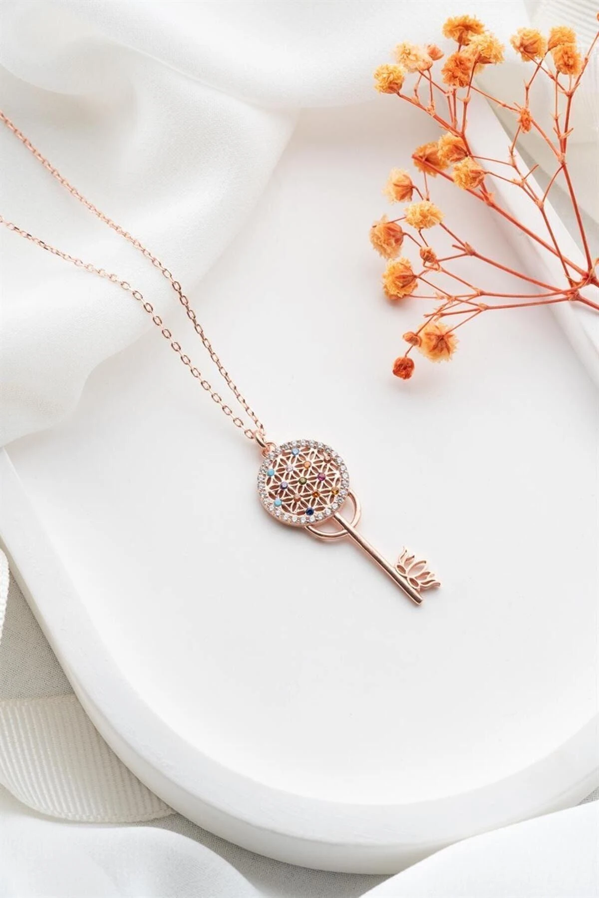 Rose Anahtar Gümüş Kolye