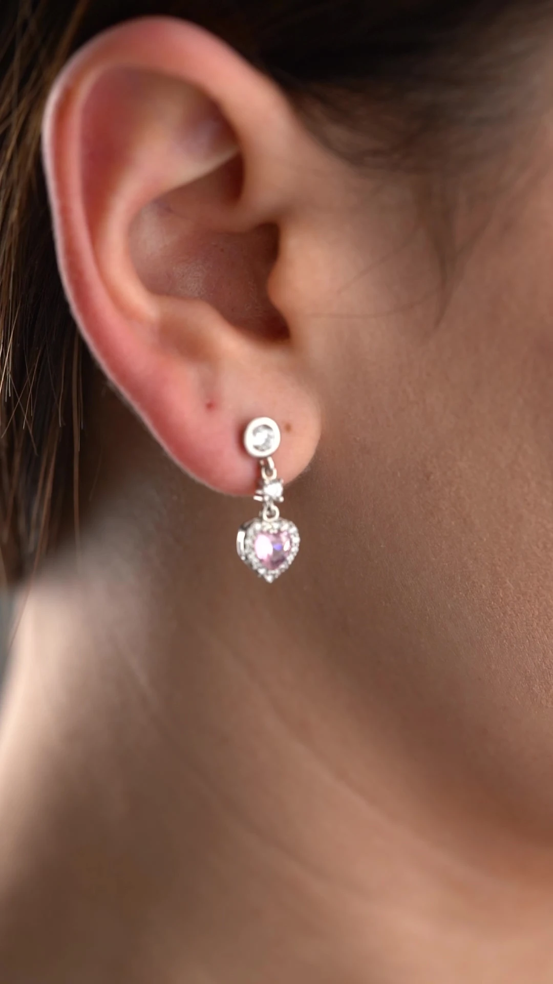 Gümüş Zirkon Taşlı Pembe Kalp Küpe