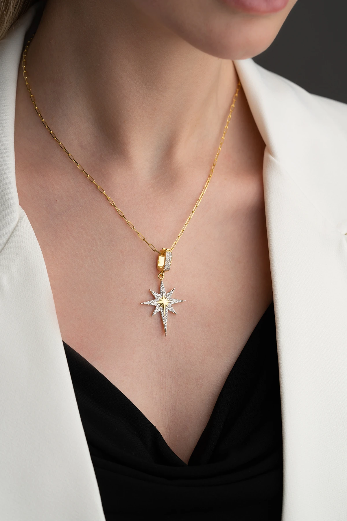 Gümüş Zirkon Taşlı Kutup Yıldızı Kolye