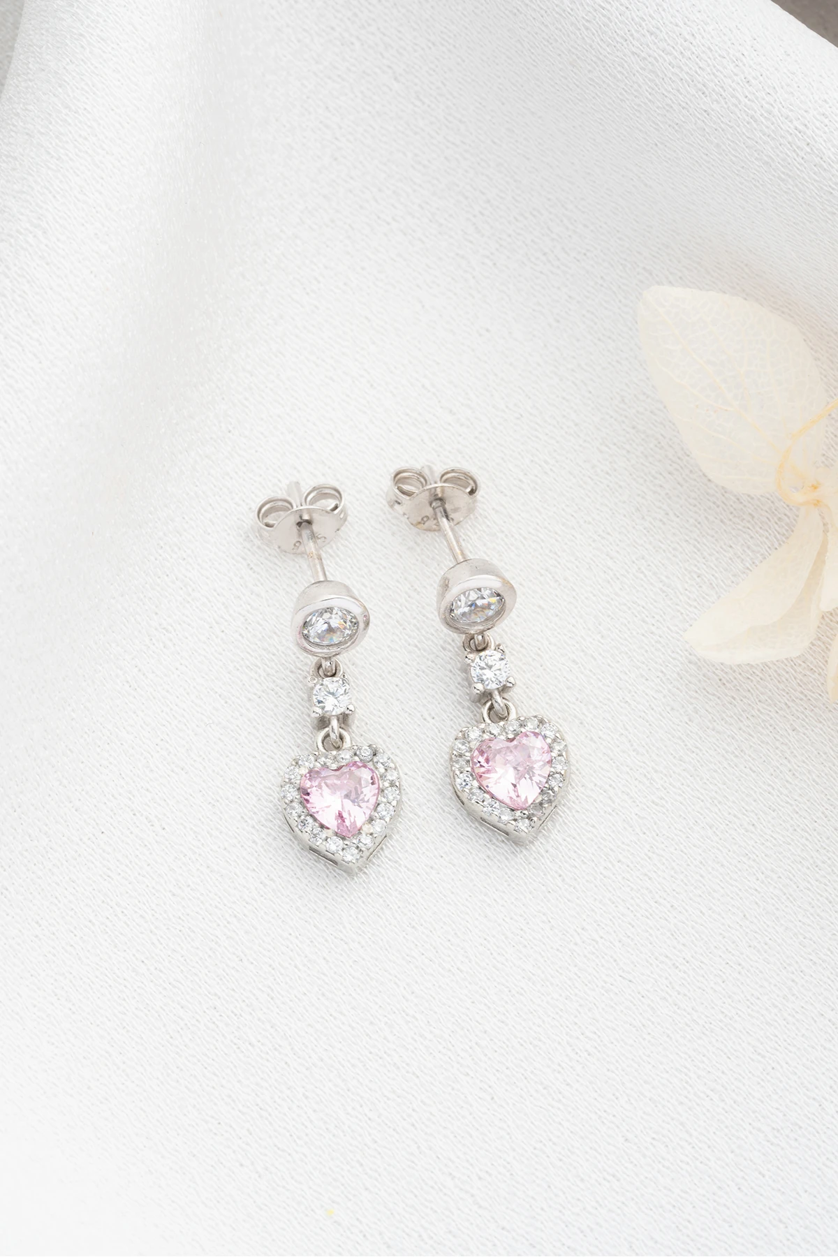 Gümüş Zirkon Taşlı Pembe Kalp Küpe