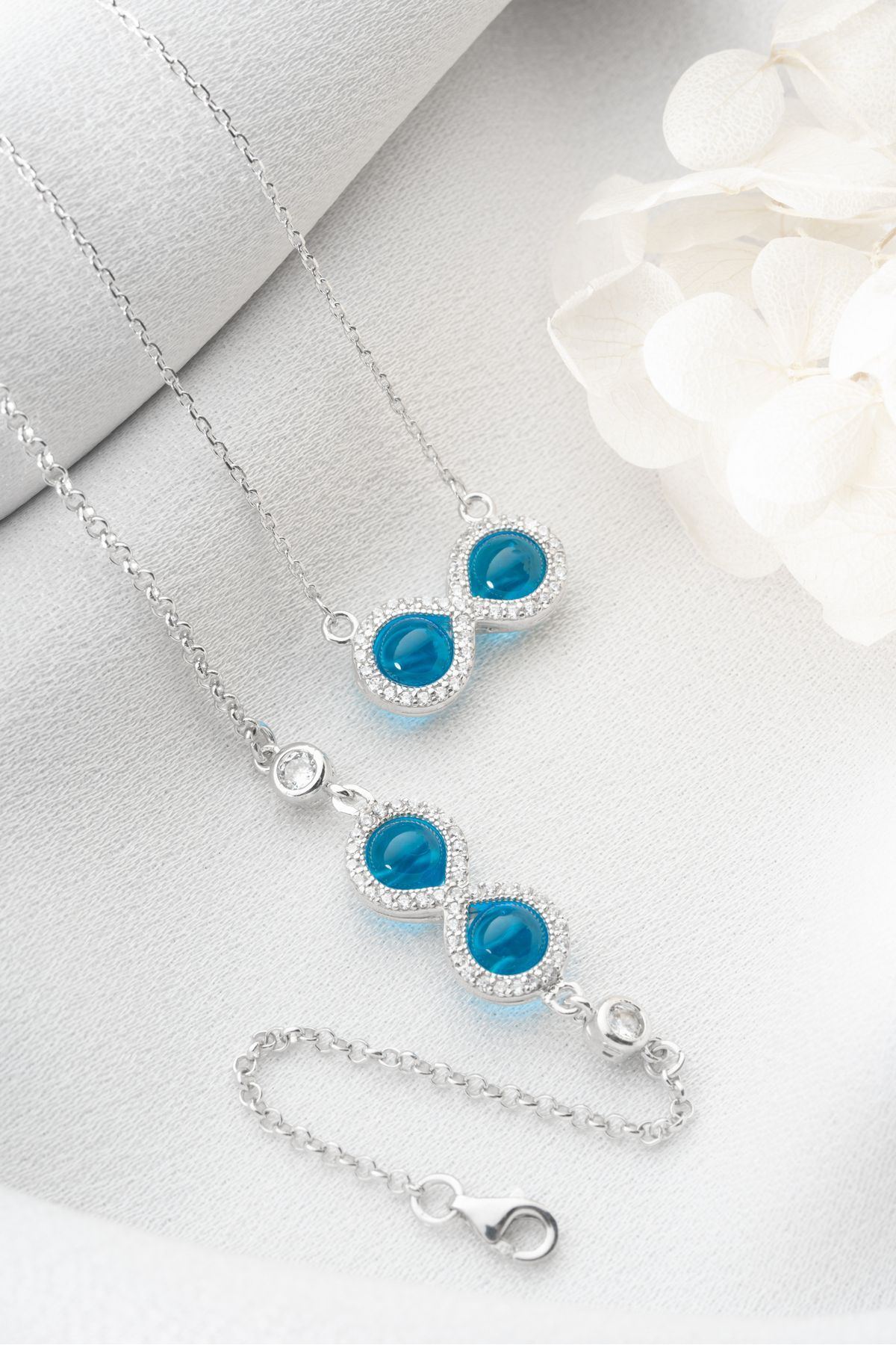 Gümüş Mavi Taşlı Sonsuzluk Kolye Bileklik Set