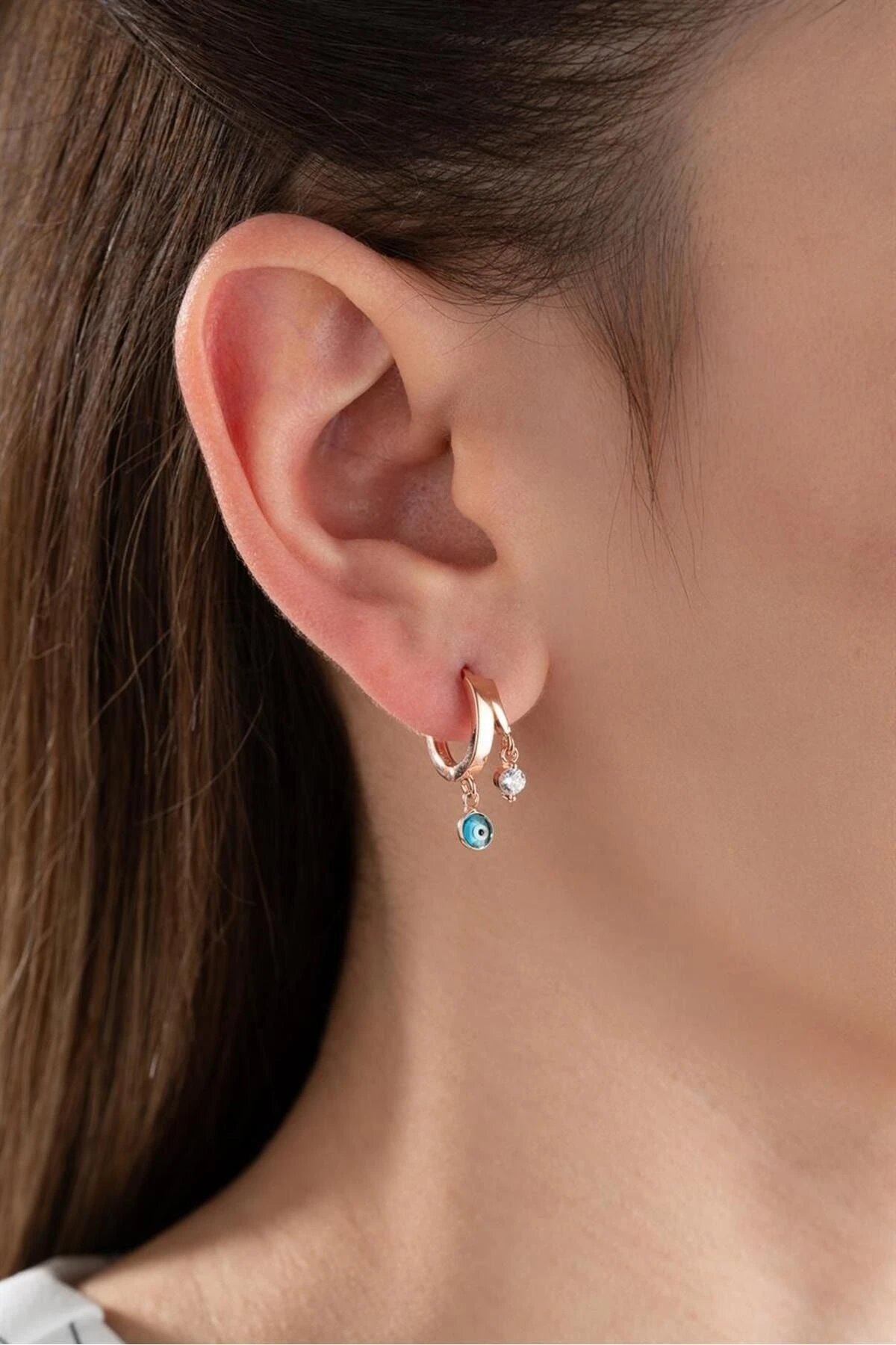 Rose Halka Nazar Göz Gümüş Küpe