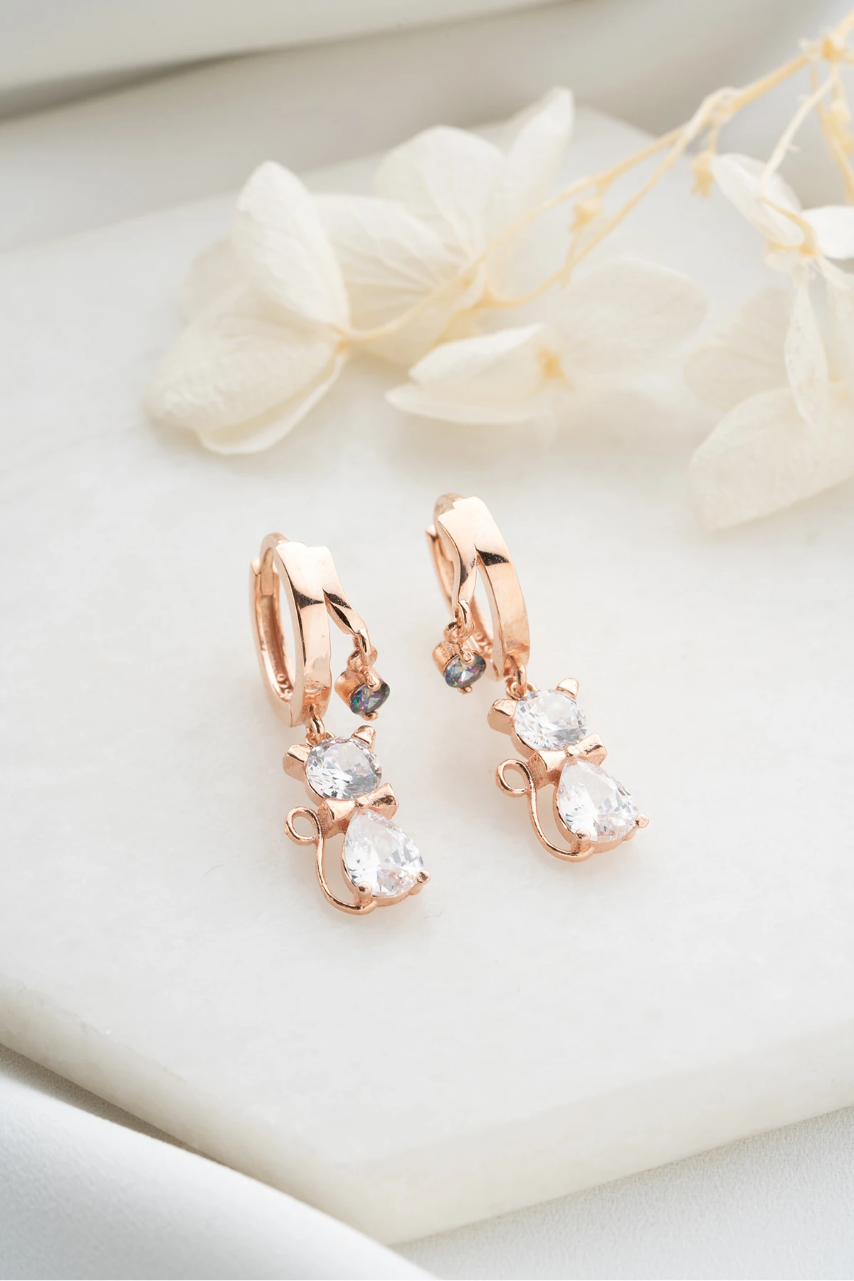 Gümüş Çift Mistik Topaz Kedi Küpe