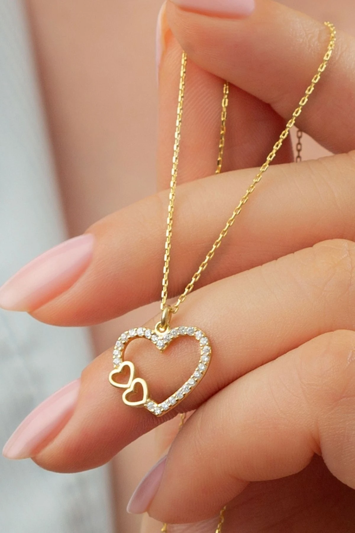 Gümüş Gold Çift Kalp Kolye