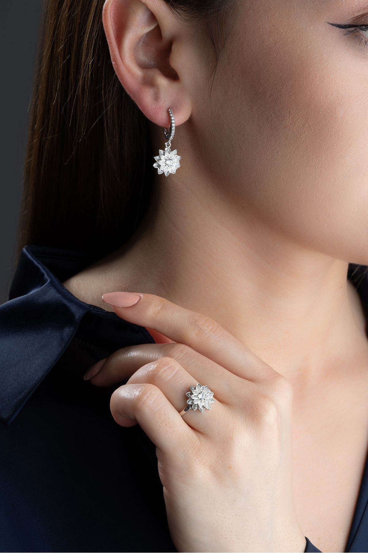 Gümüş Lotus Çiçeği Yüzük Küpe Seti