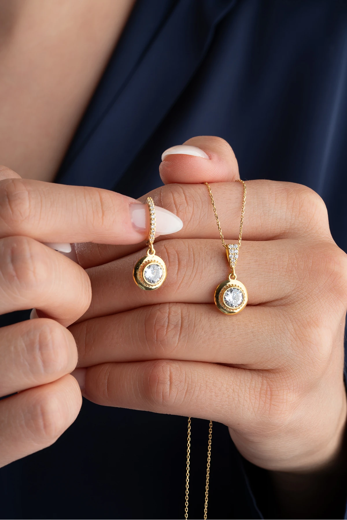 Gümüş Tektaş Takı (Kolye-Küpe) Seti