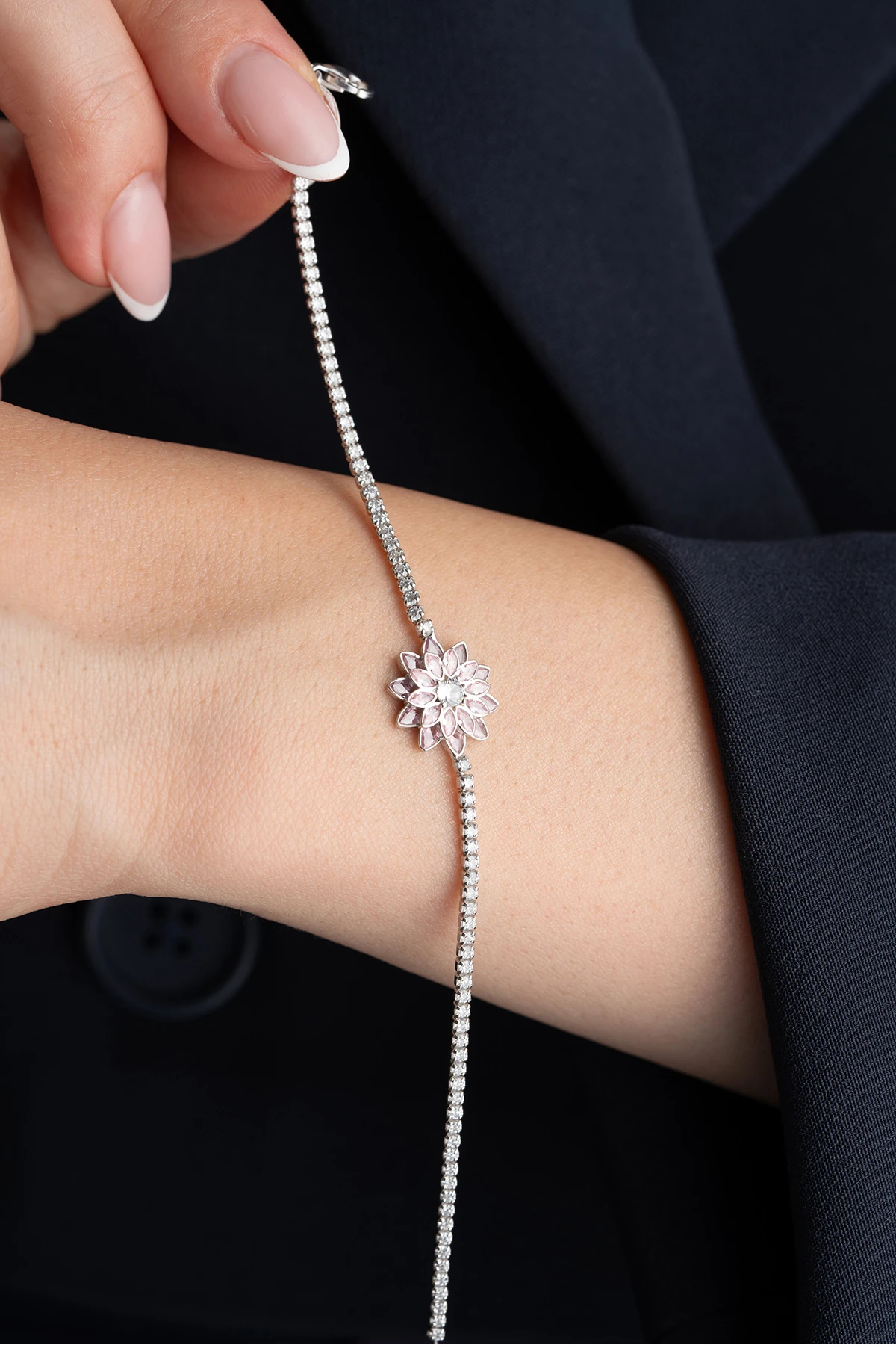 Gümüş Pembe Taşlı Lotus Su Yolu Bileklik