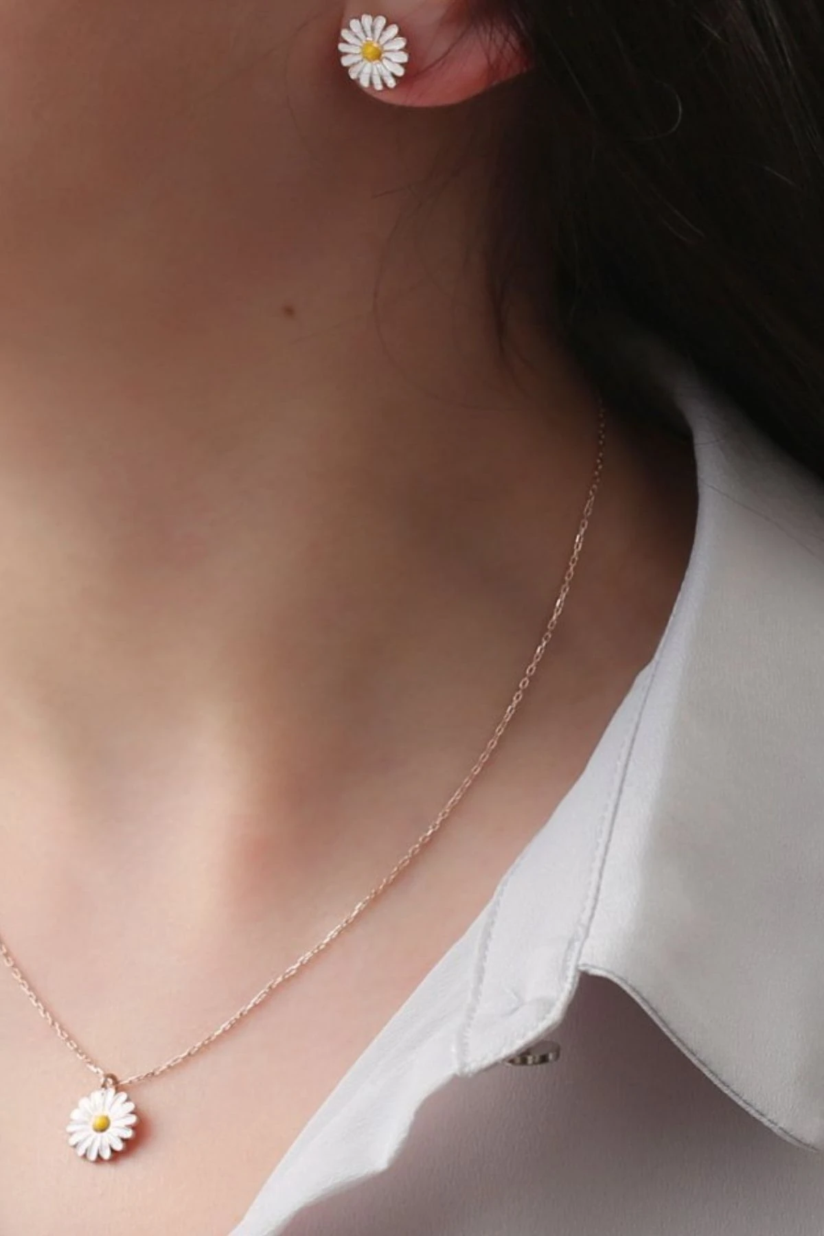 Gümüş Papatya Kolye Küpe Set