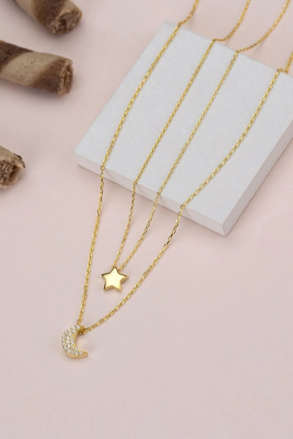 Gümüş Ay Yıldız Çiftli Kolye