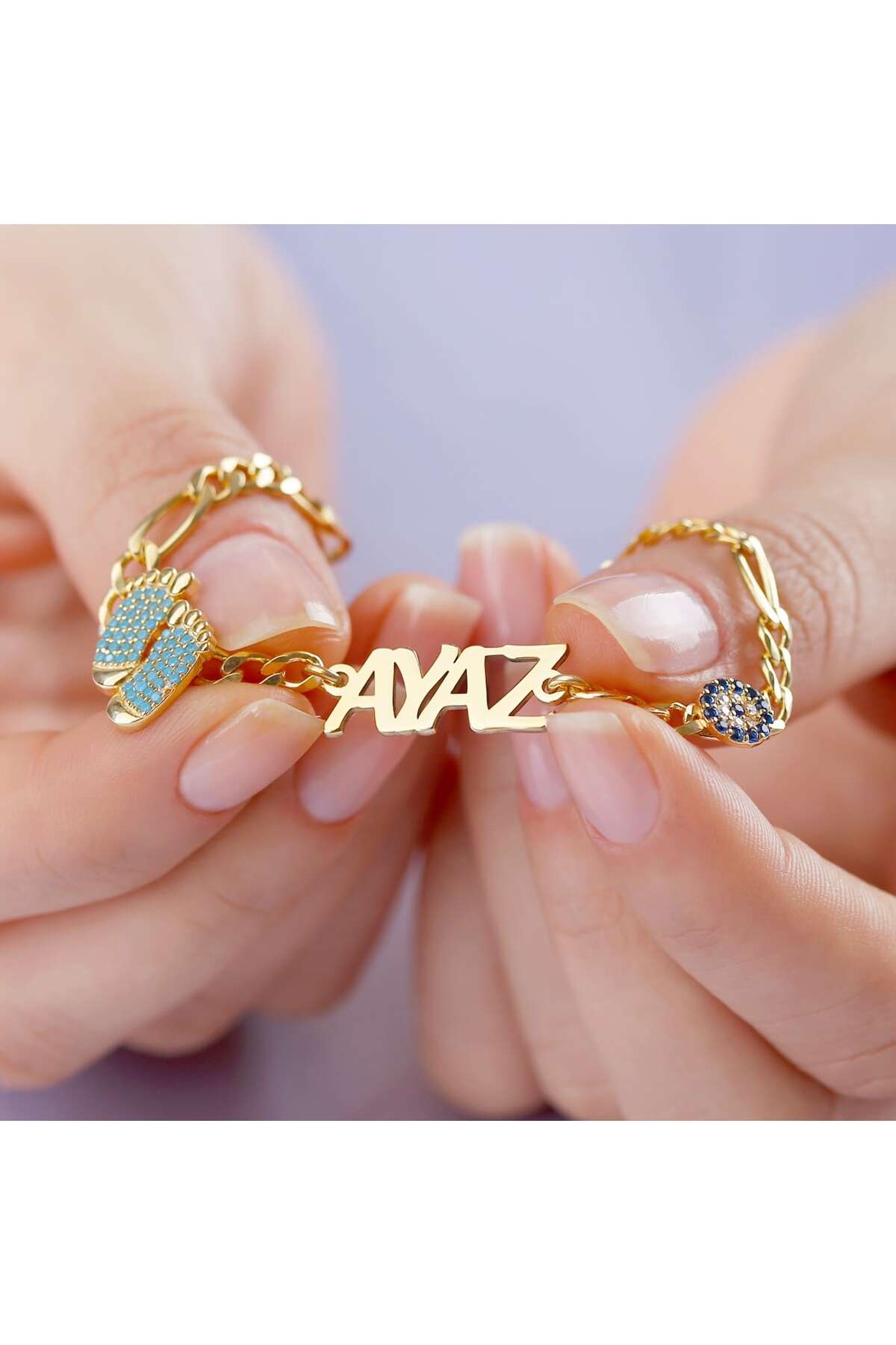 Gümüş Isimli Lazer Kesim Firuze Ayaklı Bileklik