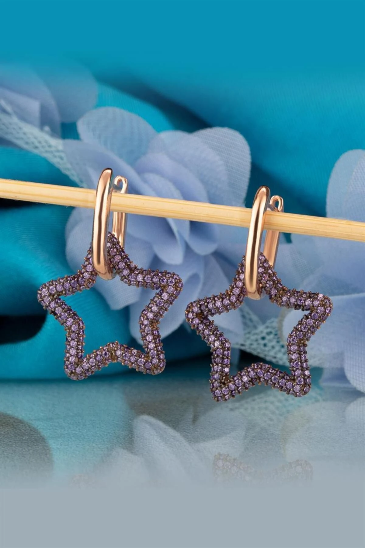 Gümüş Mor Taşlı Yıldız Küpe