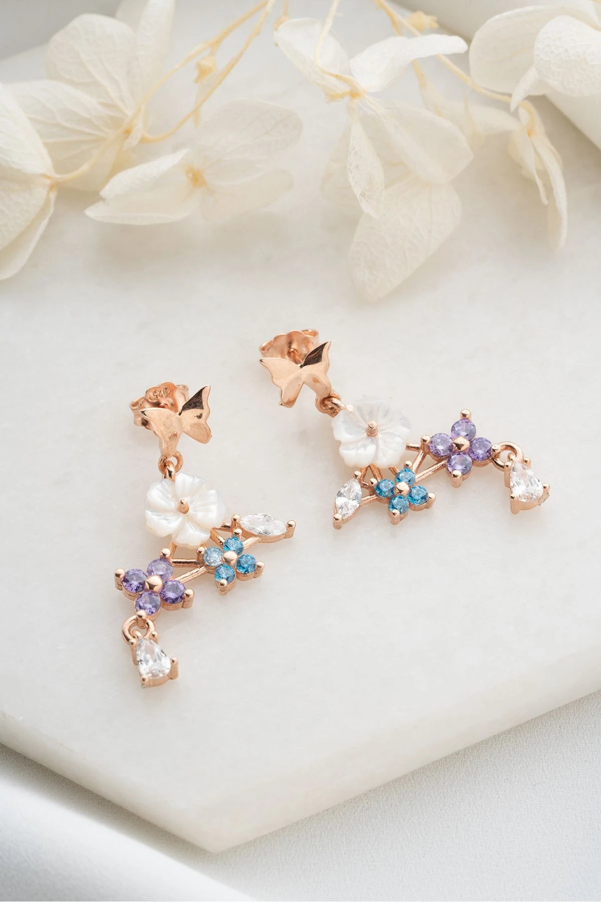 Rose Sedefli Renkli Gümüş Küpe