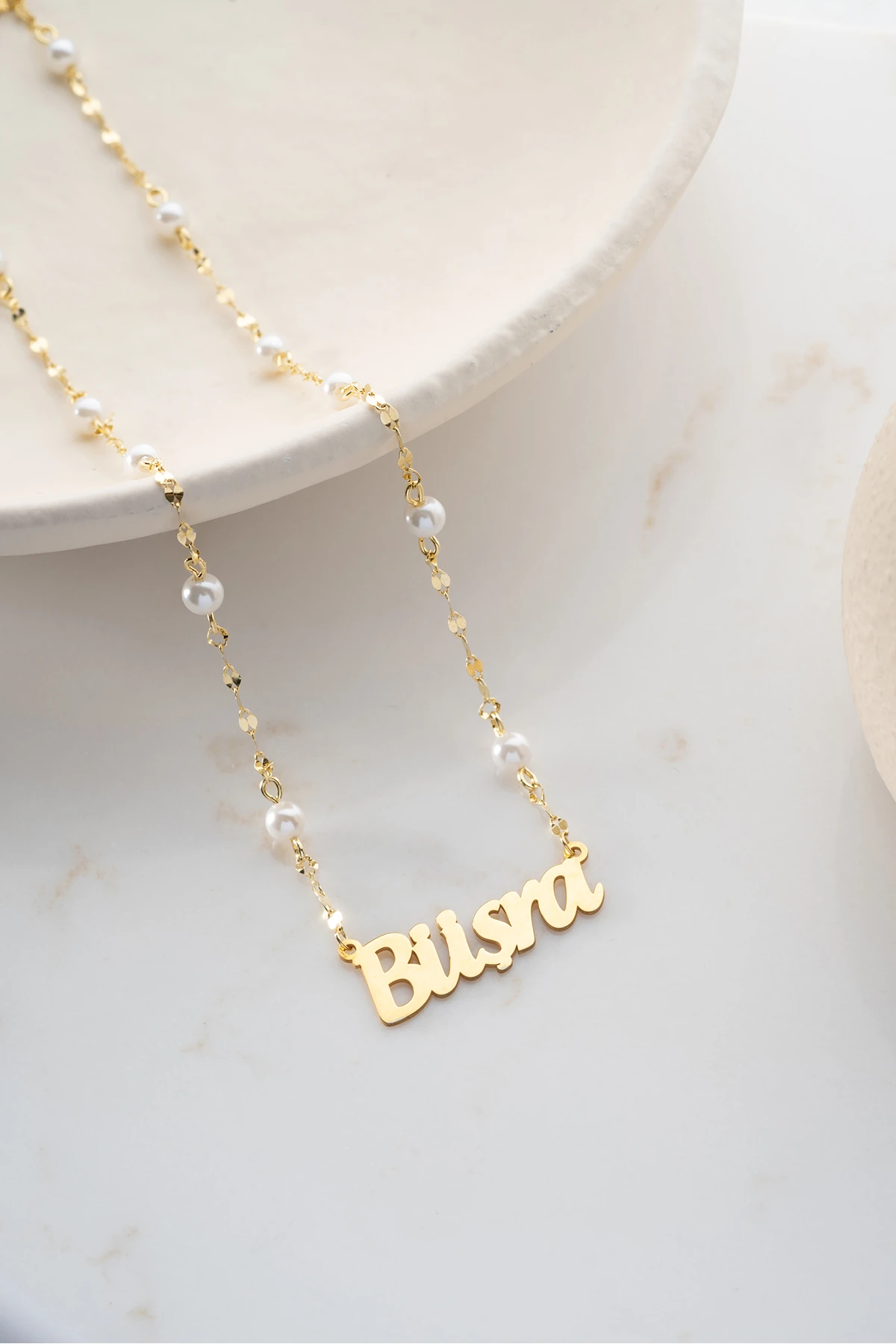 Gümüş İncili İsimli Kişiye Özel Kolye