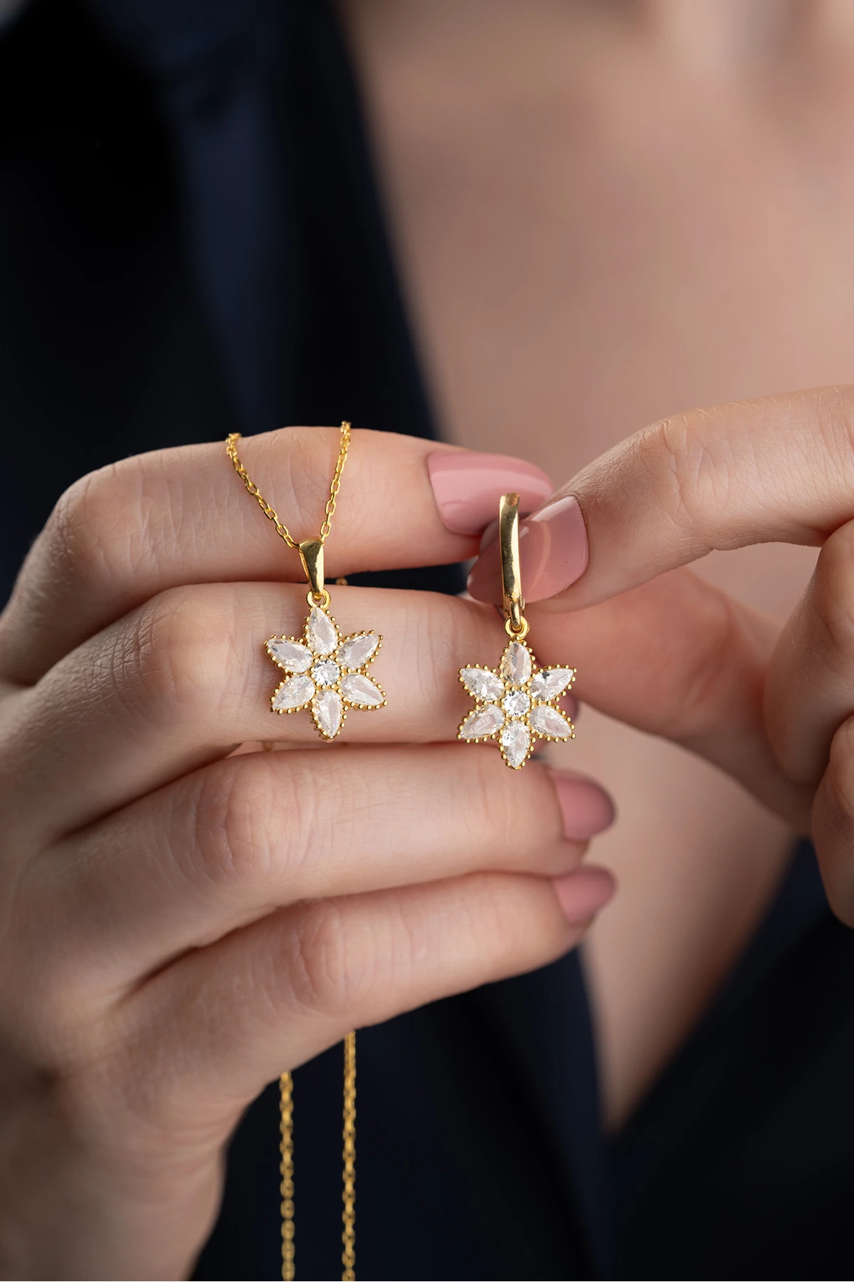 Gümüş Zirkon Taşlı Lotus (Kolye-Küpe) Set