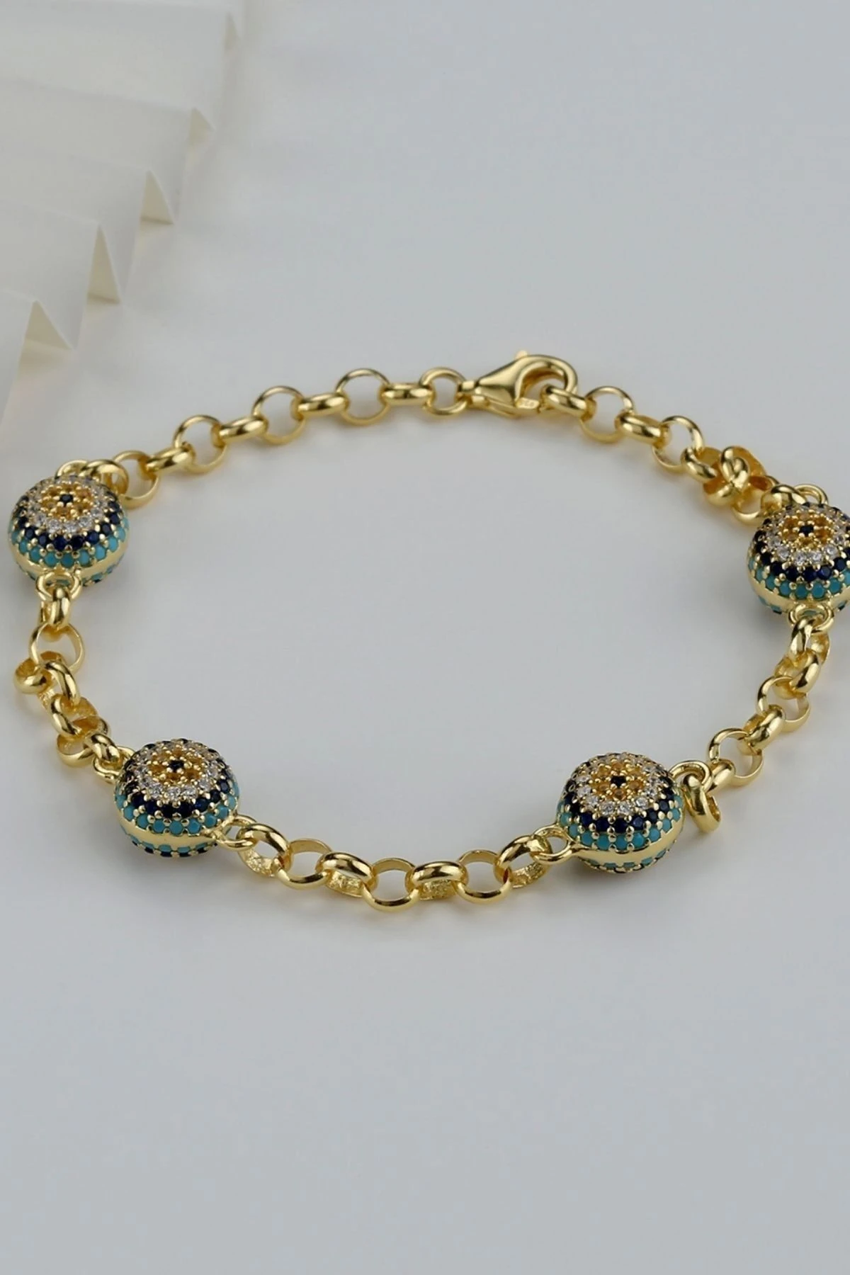 Gold 4 Nazarlı Göz Gümüş Bileklik