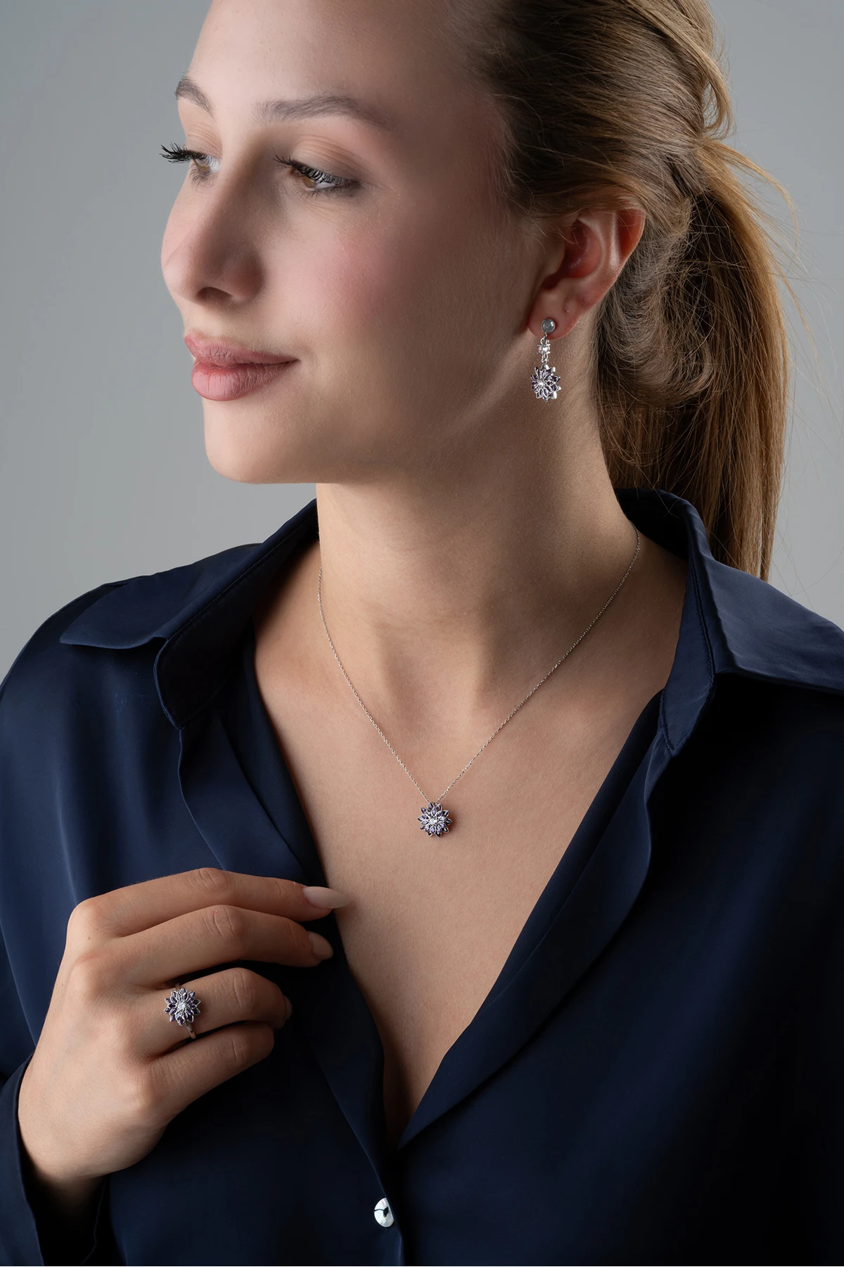 Gümüş Mor Tek Taşlı Lotus Takı (Kolye-Küpe-Yüzük) Seti