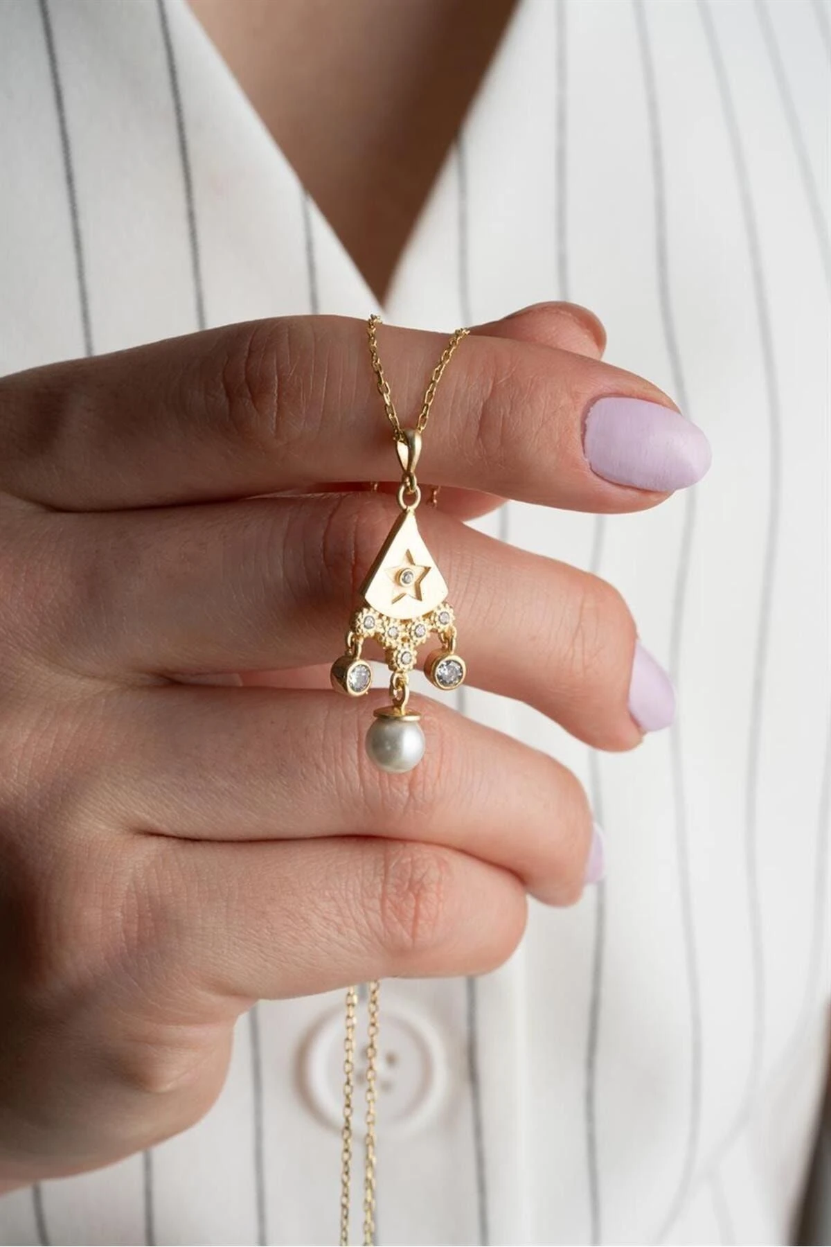 Gold Sallantılı İnci Gümüş Kolye