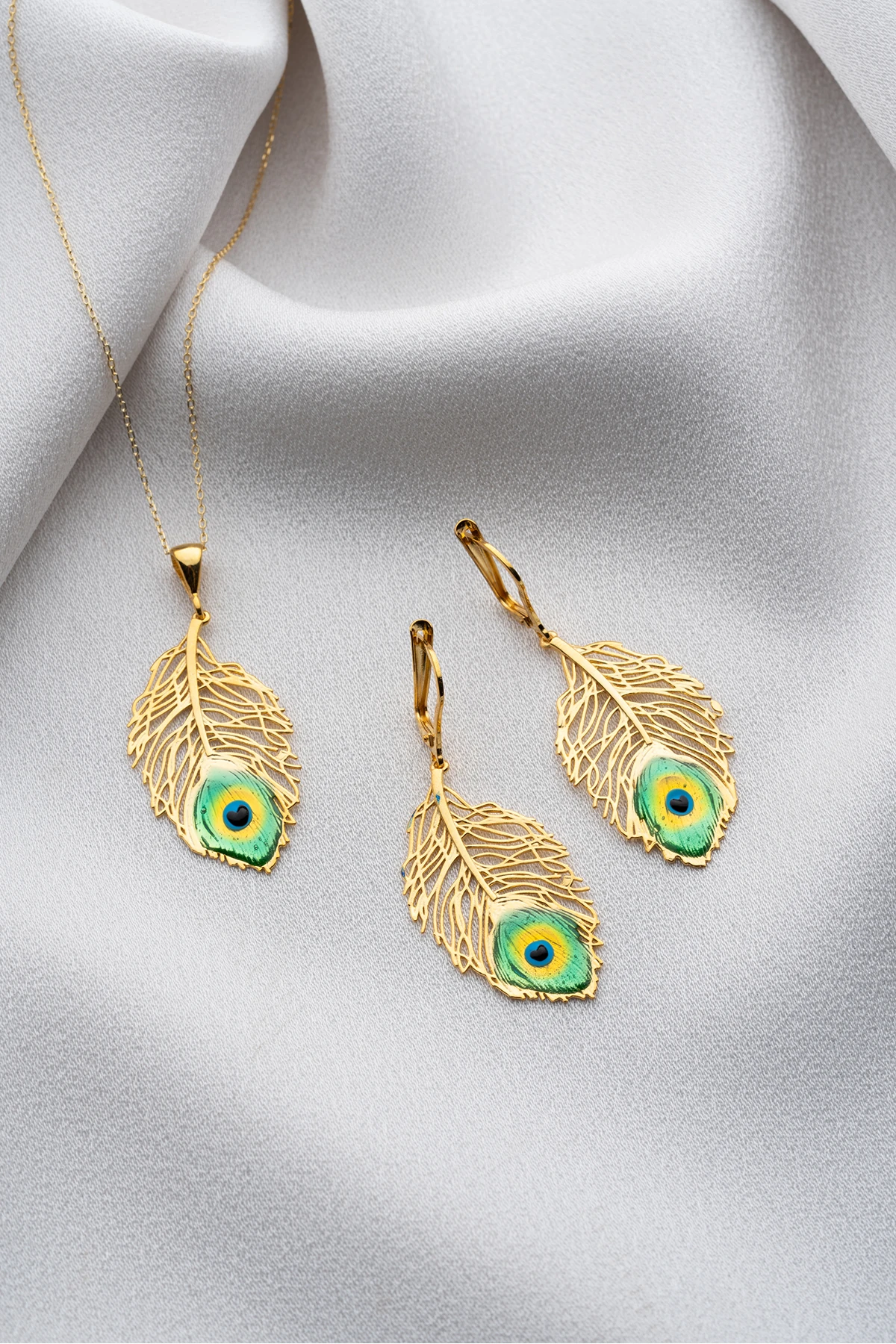 Gümüş Gold Tüy Takı (Kolye-Küpe) Seti