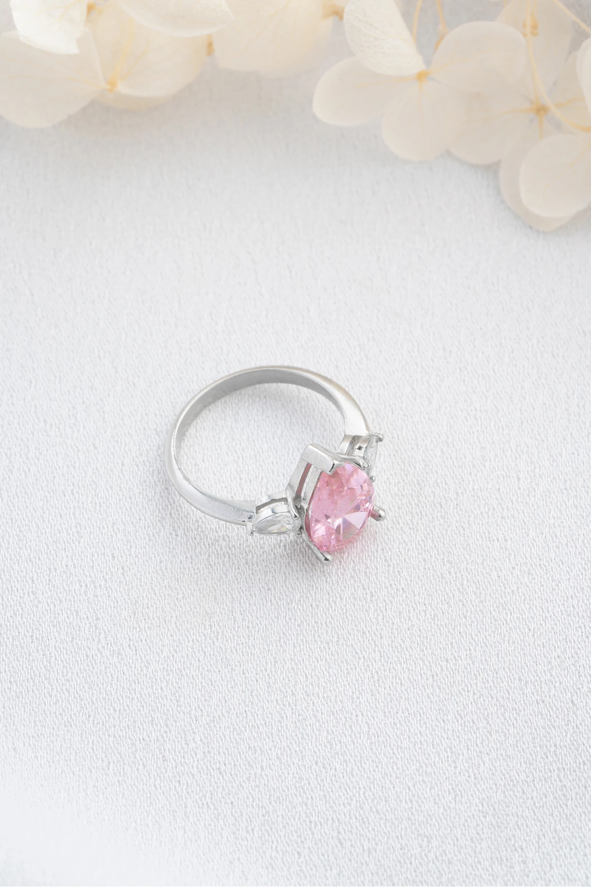 Gümüş Pembe Damla Taşlı Yüzük
