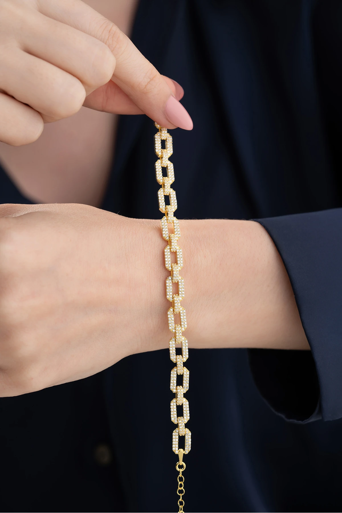 Gümüş Gold Zirkon Taşlı Zincir Bileklik