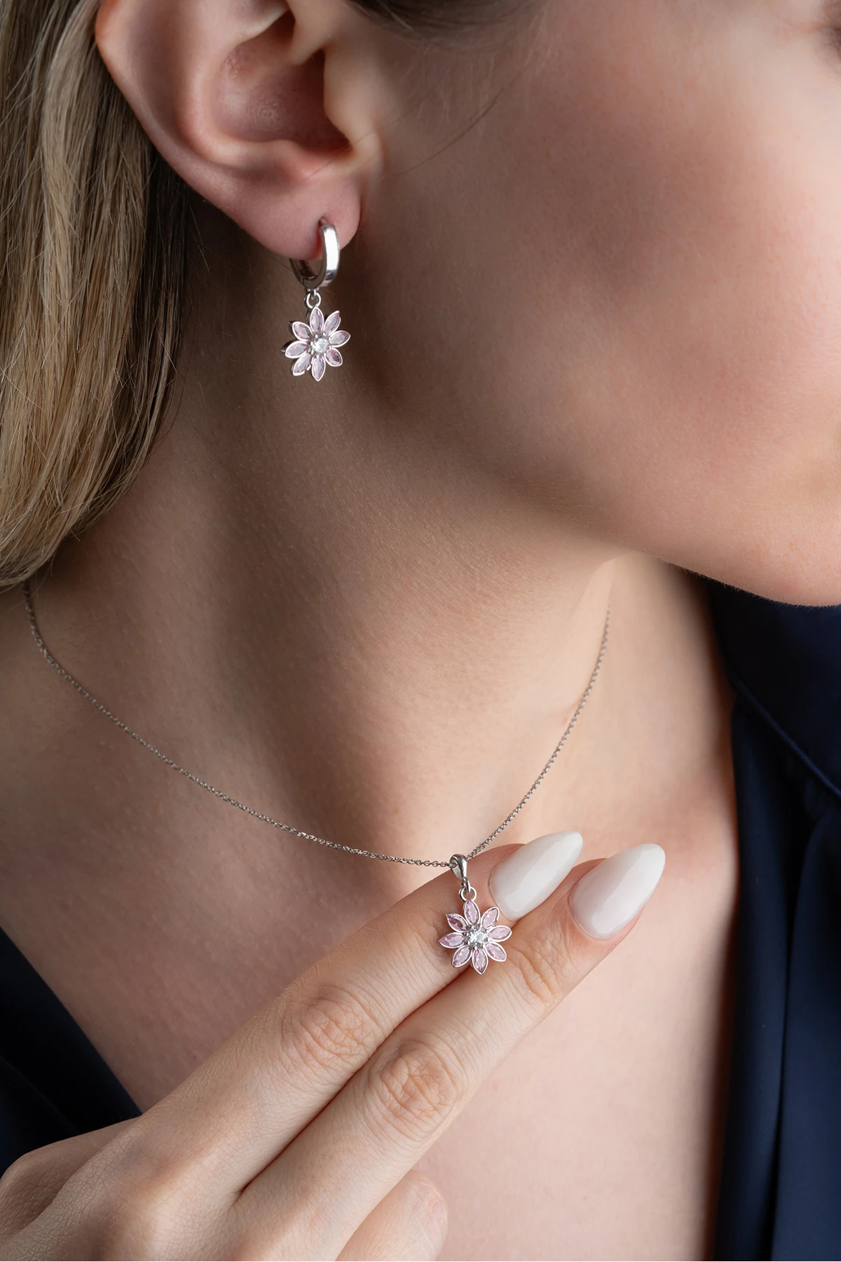 Gümü Pembe Taşlı Lotus Takı (Kolye-Küpe) Seti