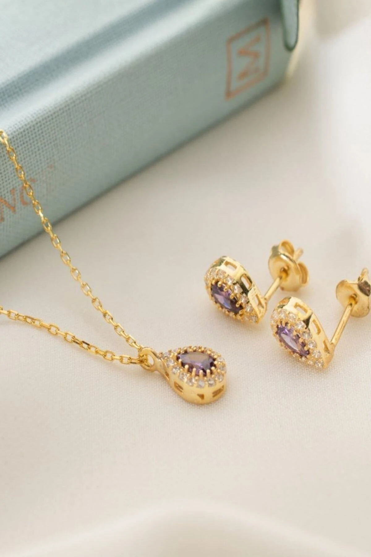 Gümüş Şubat Ayı Doğum Taşı ( Ametist ) Kolye - Küpe Seti